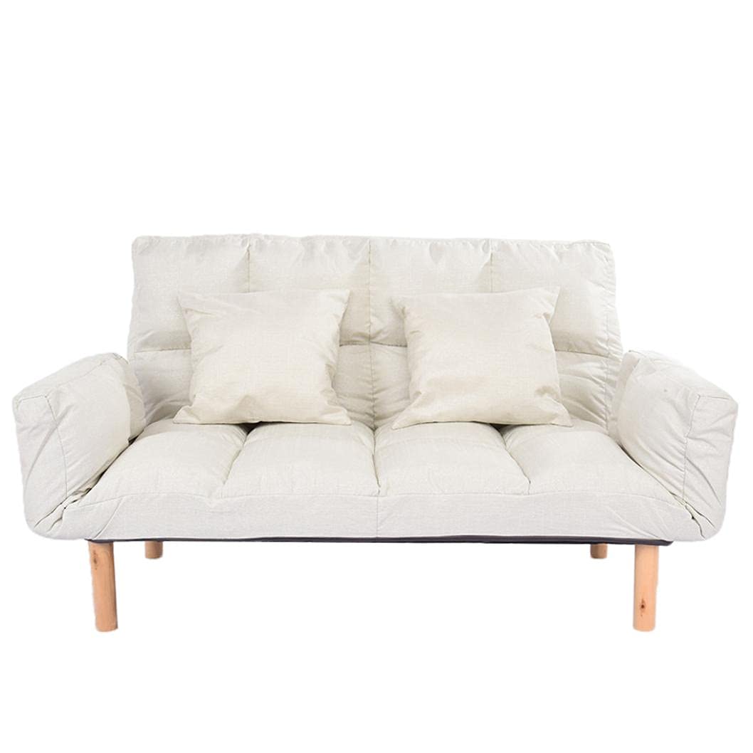 Modern Lazy Folding Sofa Bed Chair with Foldable Armrests & 2 Pillows - Convertible Loveseat Sleeper Sofa with Wooden Legs for Living Room, Bedroom, Small Space - Comfortable Guest Bed & Lounge Chair (A-White)