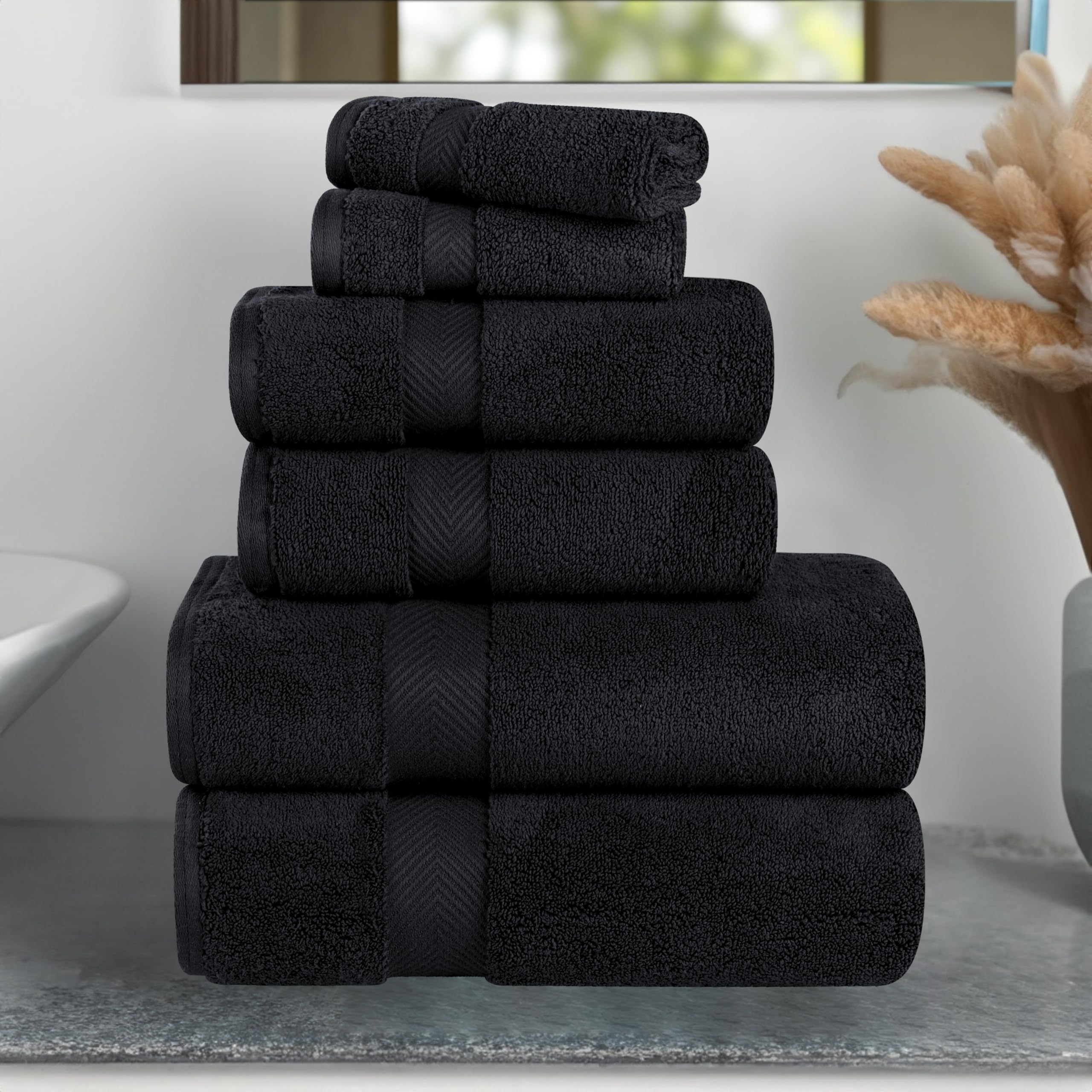 Premium 100% Long-Staple Zero Twist Cotton Towel Set - 6 Piece Ultra Soft Bath, Face & Hand Towels for Luxury Spa, Hotel & Home Use - Black