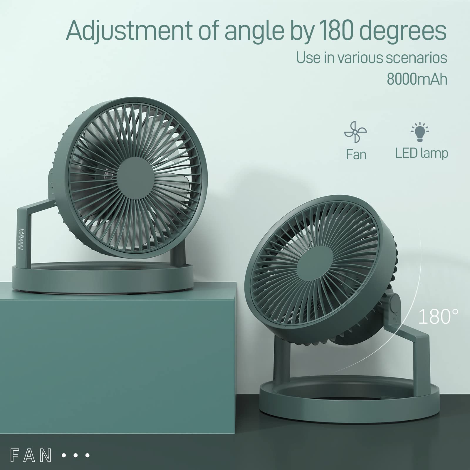 Portable Rechargeable Desk Fan with LED Light - 8000mAh Battery, 3 Speed Settings, 180° Adjustable for Home Office, Camping, Travel & Bedroom Use | USB Powered Multi-Functional Cooling Fan for Indoor & Outdoor Activities