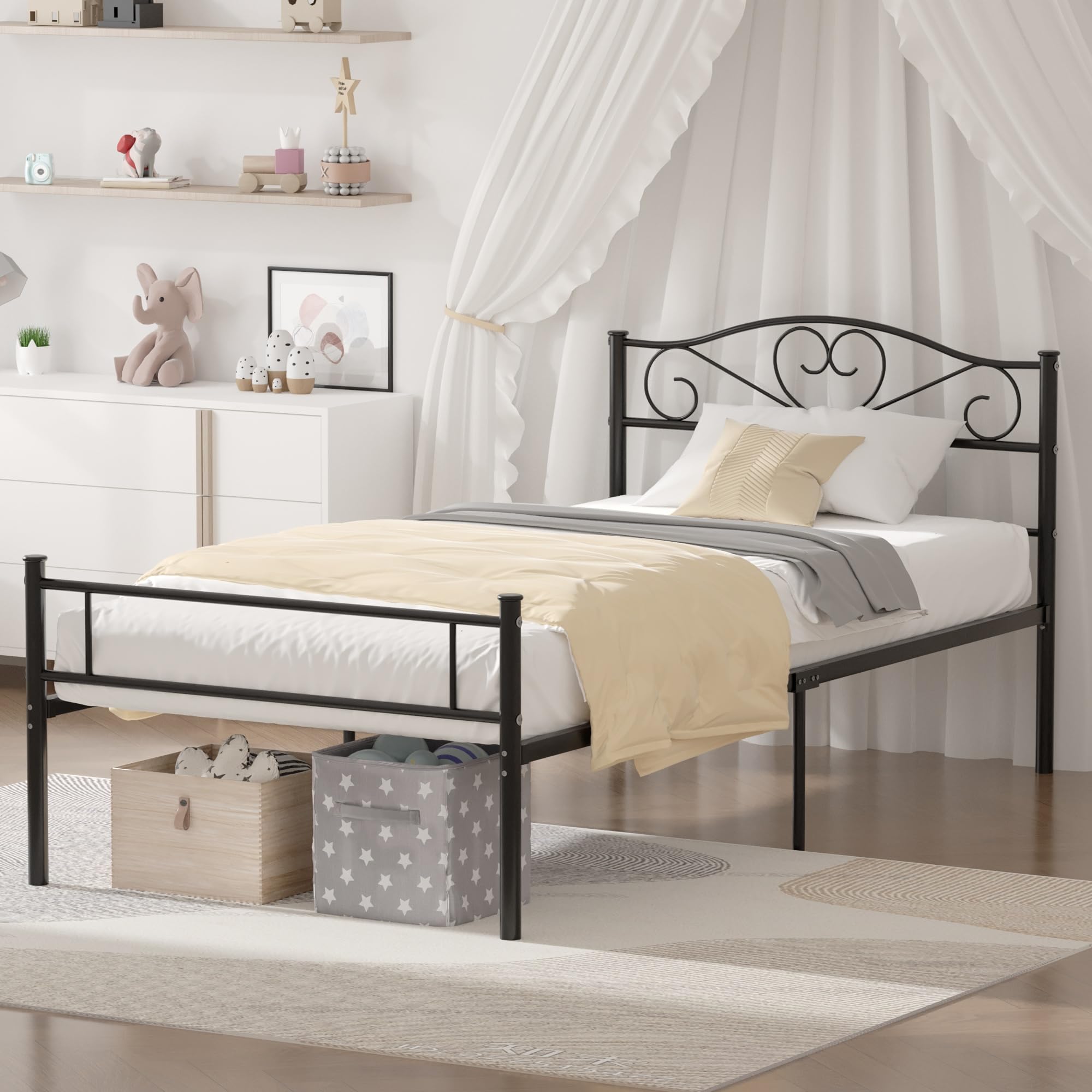 VECELO Metal Platform Bed Frame with Headboard & Footboard - Sturdy Steel Slats Mattress Foundation - No Box Spring Required - Twin Size - Matte Black - Perfect for Modern Bedrooms, Guest Rooms & Dormitories