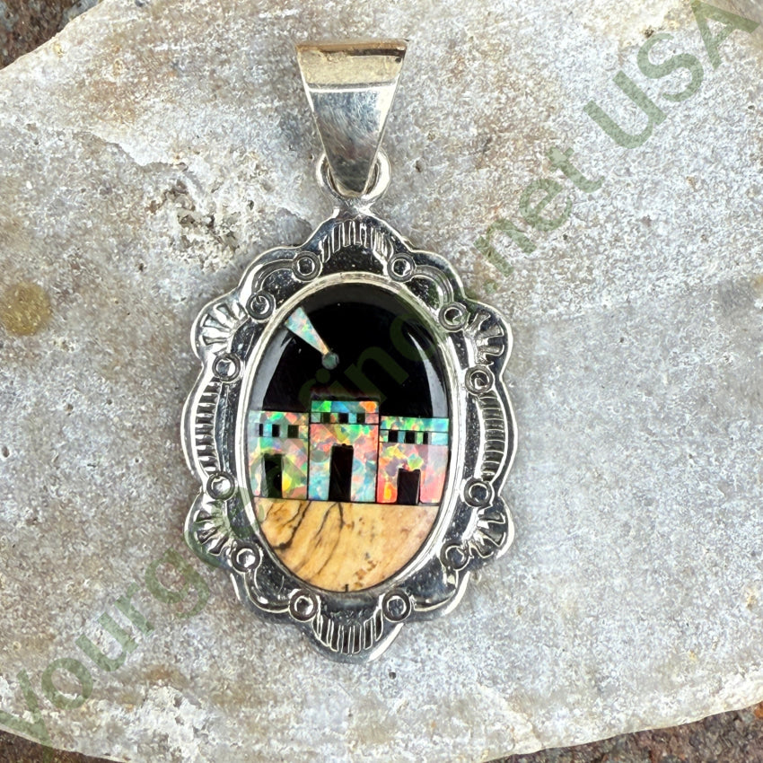 Handmade Sterling Silver Opal Jasper & Jet Inlay Pueblo Landscape Pendant Necklace - Southwest Style Jewelry for Women, Perfect for Boho Fashion & Gift Giving