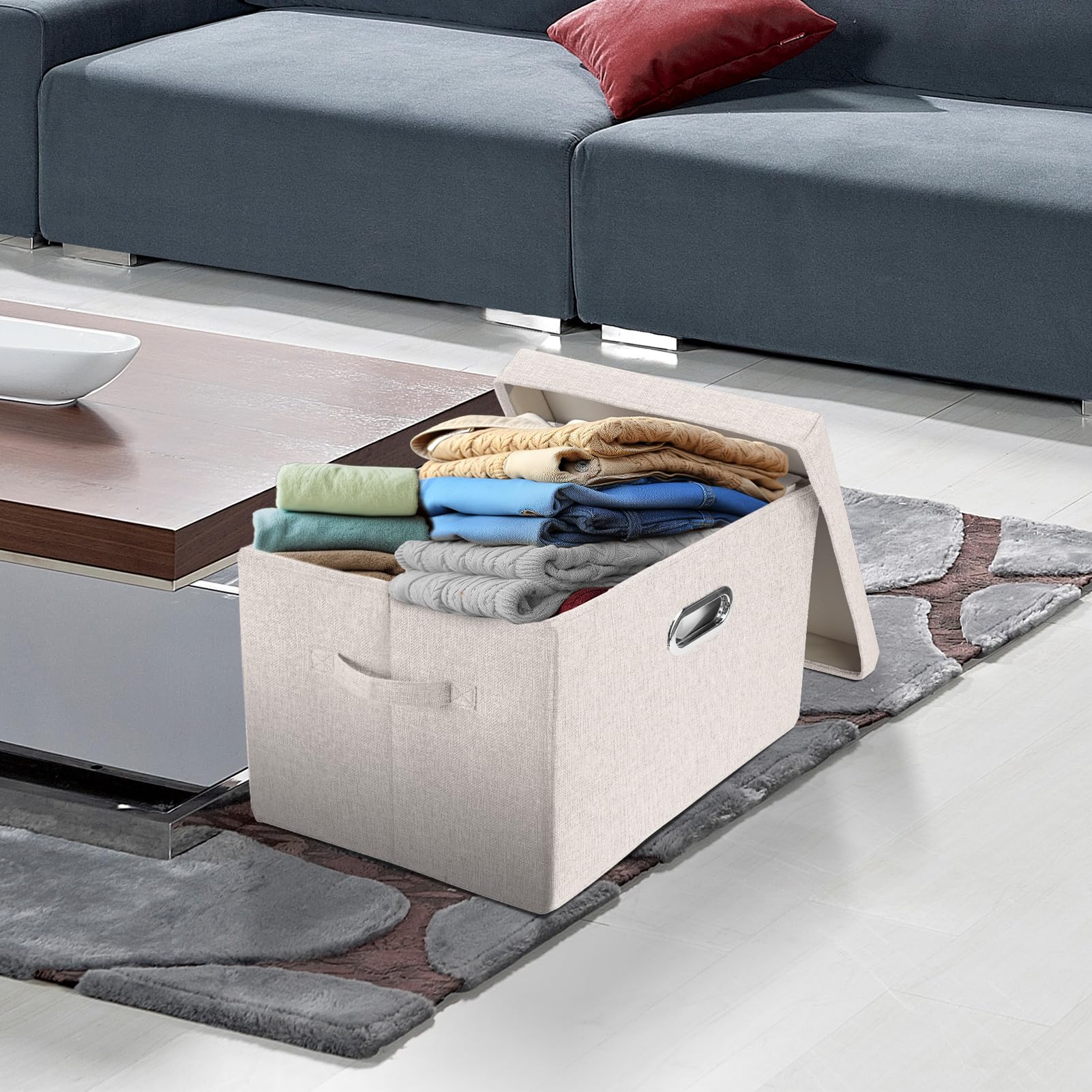 TYEERS Large Collapsible Storage Bins with Lids - 2 Pack Beige Foldable Organizer Boxes for Closet, Clothes, Home & Office Organization - Perfect for Seasonal Storage, Toy Organization & Space Saving