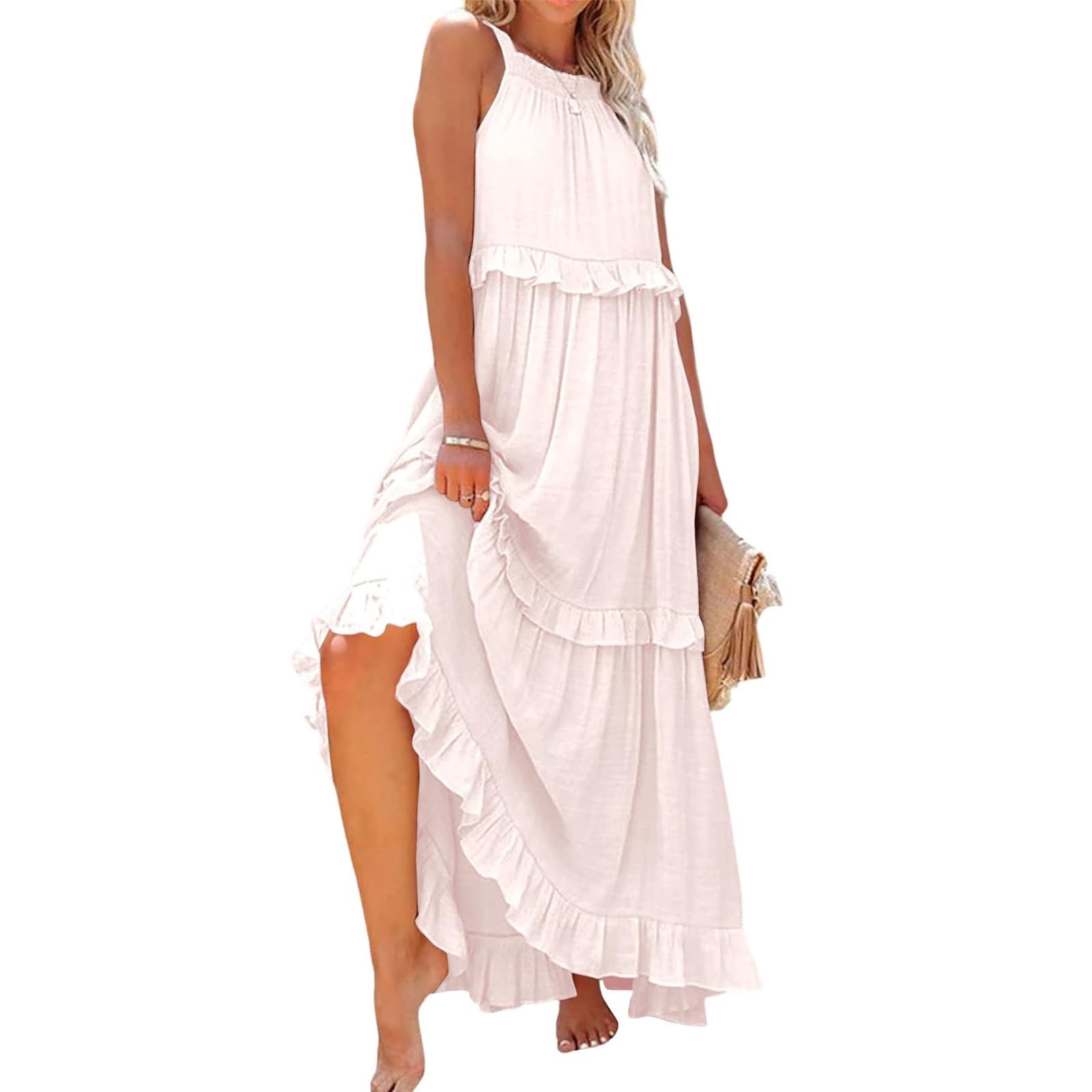 Women's Halter Neck Smocked Tiered Maxi Dress - Flowy Swing Summer Cocktail & Wedding Guest Dress with Pockets | Beach Party, Garden Wedding, Formal Occasions