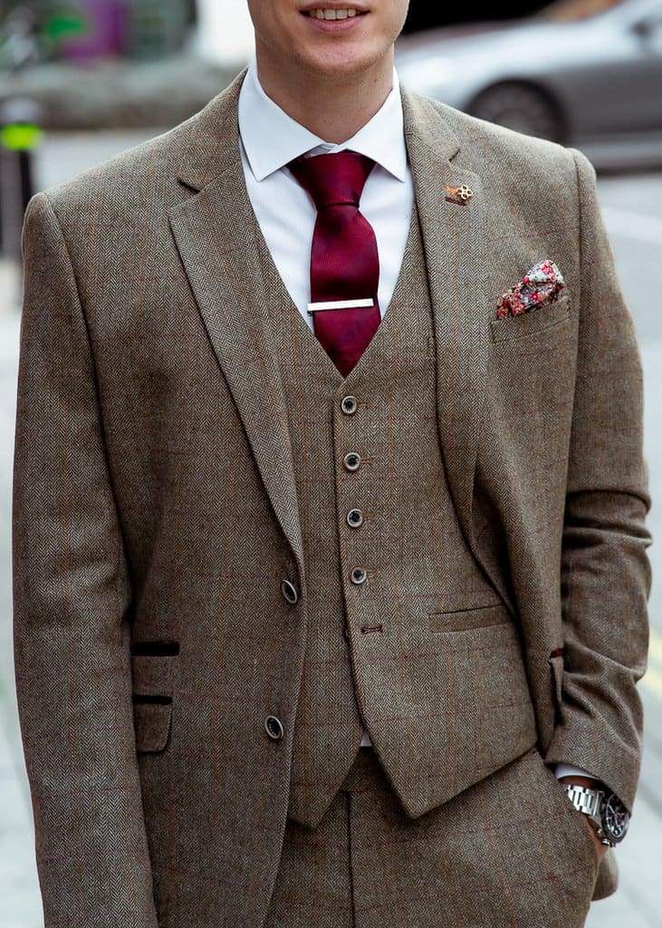 Cavani Gaston Slim Fit Tweed Suit for Men - Sage Green 3-Piece Checkered Formal Suit | Wedding, Office & Special Occasion Outfit