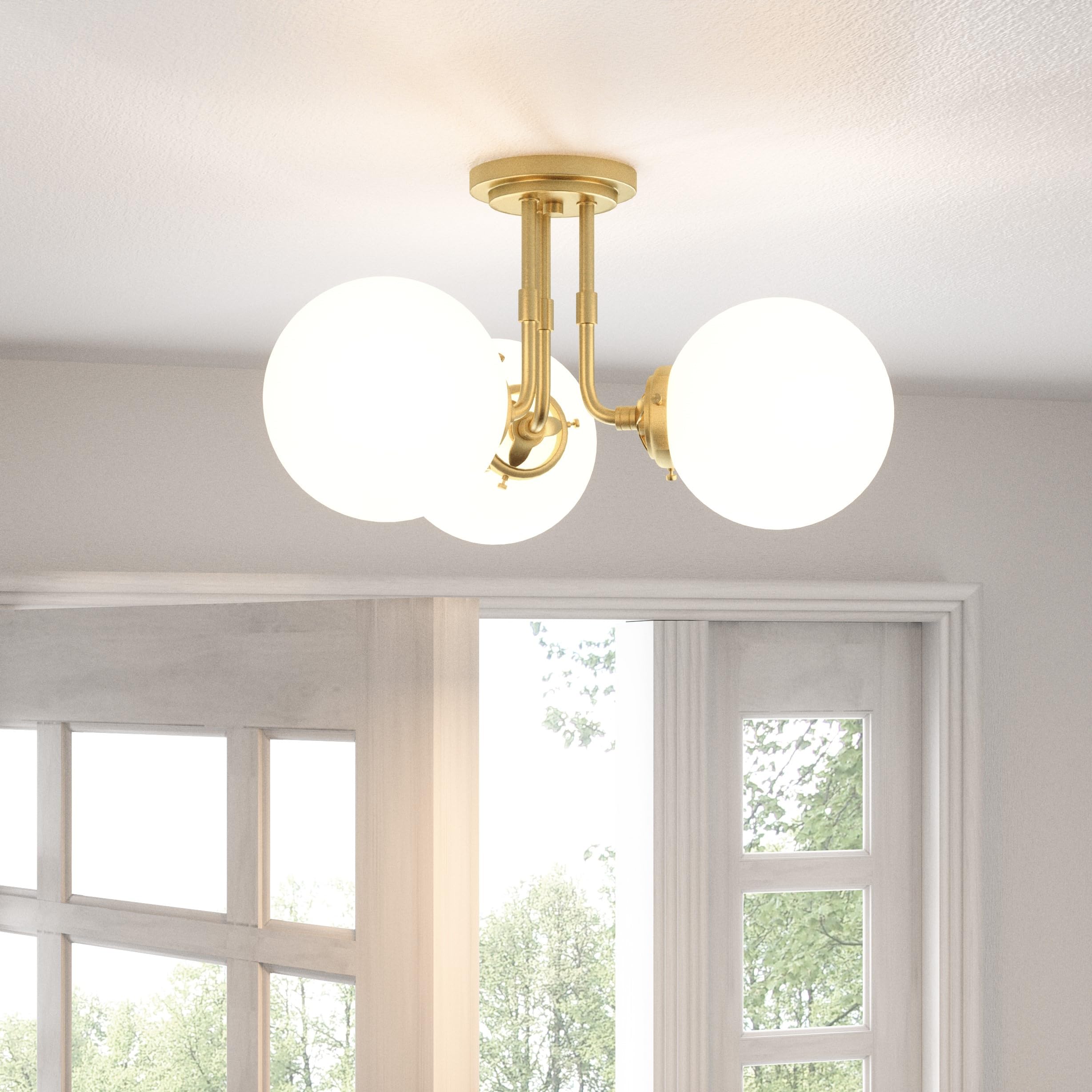 Quoizel Landry 3-Light Semi-Flush Mount Ceiling Fixture in Satin Brass - Modern Lighting for Bedroom, Hallway & Entryway