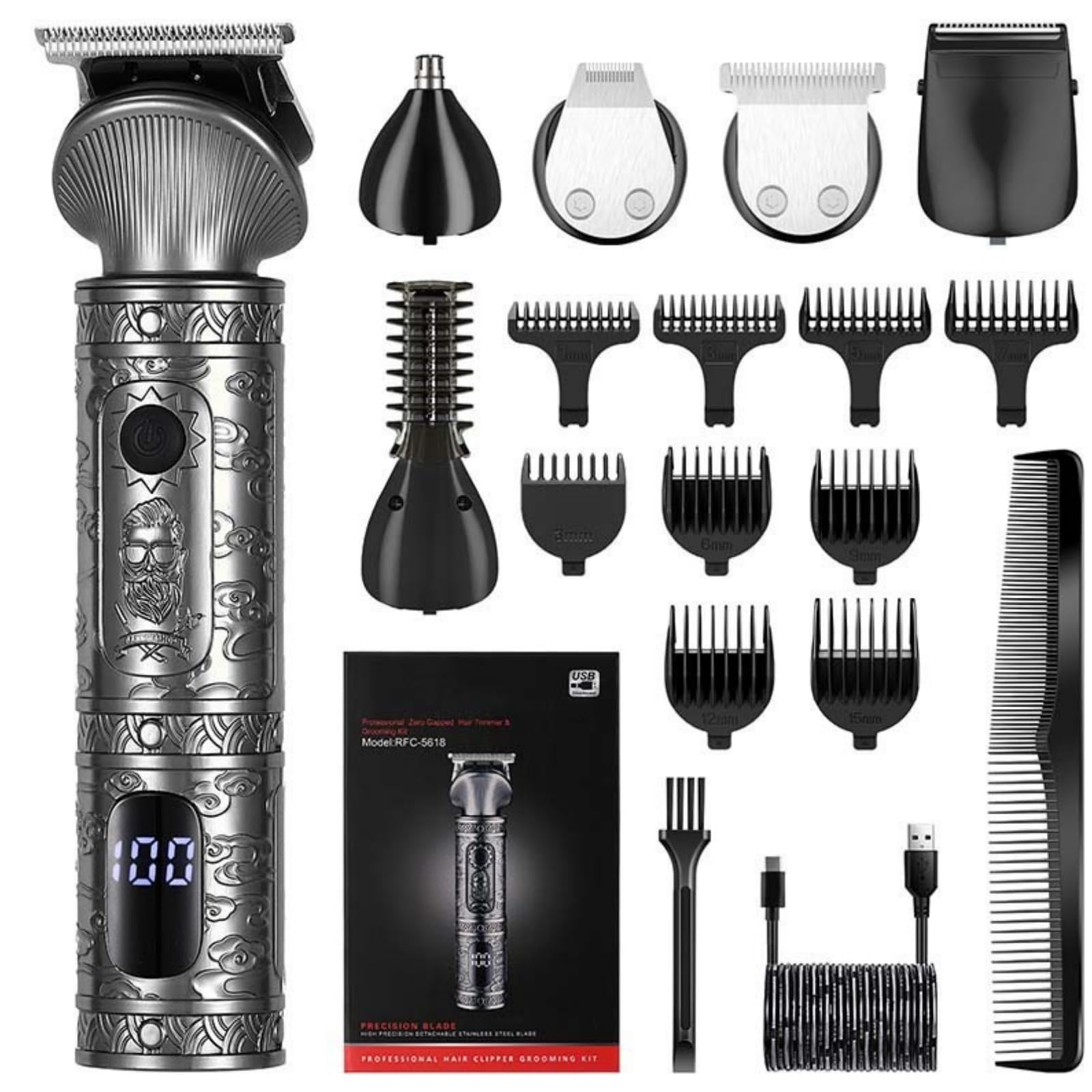 Professional Hair Clippers for Men - 6-in-1 Electric Beard Trimmer & Body Grooming Kit with Nose Hair Trimmer, Rechargeable Shaver for Men | Perfect for Home Grooming, Travel & Birthday Gifts for Dad (Silvery)