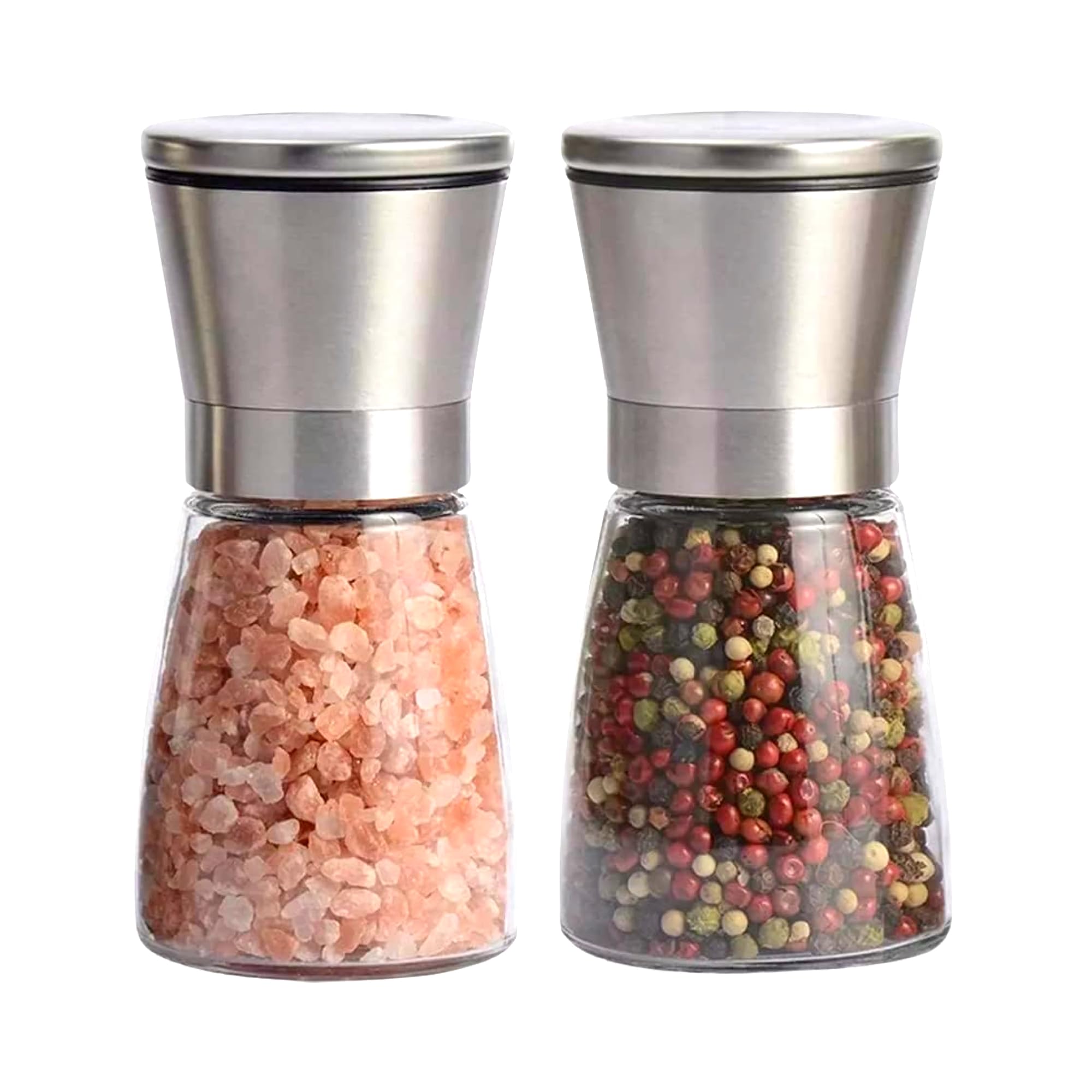 Premium Stainless Steel Salt and Pepper Grinder Set - Adjustable Coarseness, Glass Body & Brushed Finish - Perfect for Kitchen, Dining Table, and Gourmet Cooking - Ideal Gift for Home Chefs