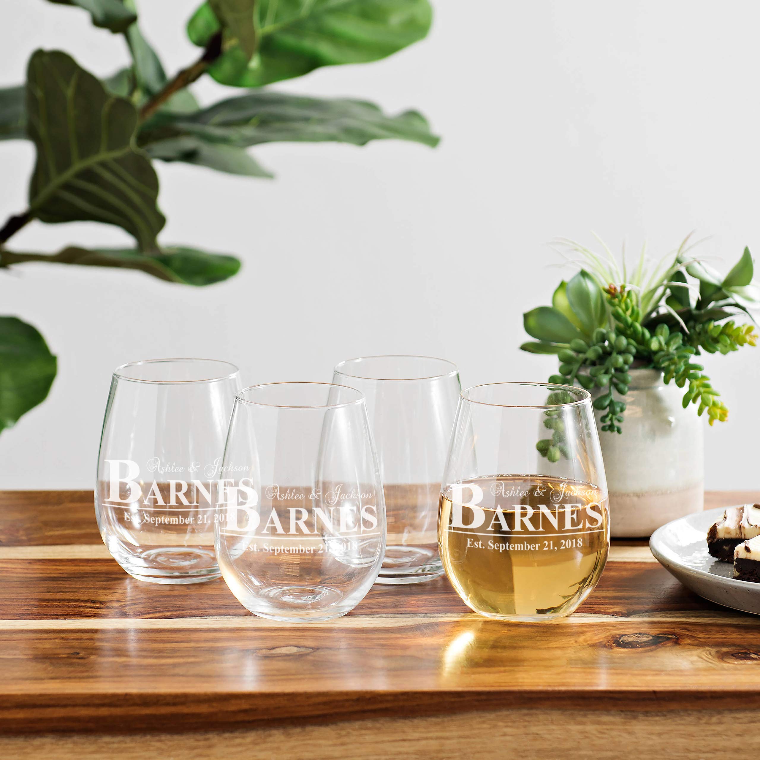Personalized Wedding Wine Glass - 21oz Stemless Couple's Anniversary Gift with Laser Engraving | Romantic Wedding Shower Present for Bride & Groom | Perfect for Anniversaries, Valentine's Day & Romantic Dinners