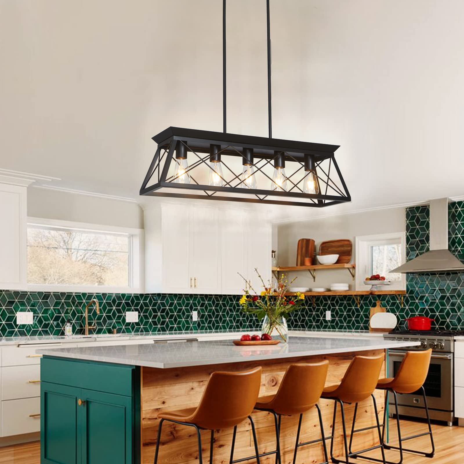 Modern 5-Light Black Chandelier for Dining Room, Farmhouse Kitchen Island, Entryway, Bedroom & Living Room - Elegant Ceiling Pendant Light Fixture for Home Decor