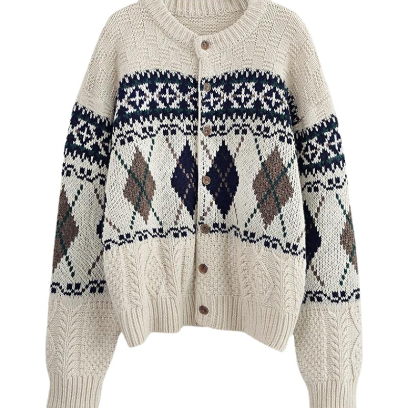 French Crew Neck Sweater for Women - Vintage Loose Knit Cardigan Jacket for Autumn & Winter | Cozy Fall Layering, Casual Office Wear & Holiday Outfits