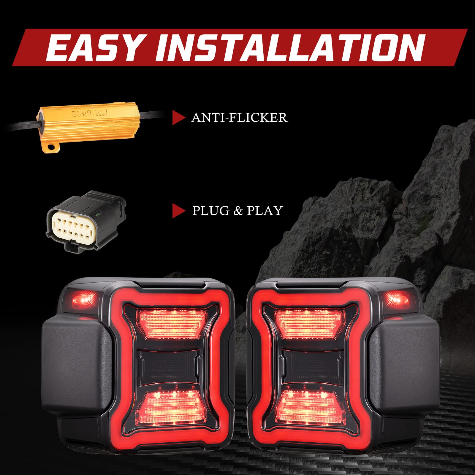 BUNKER INDUST LED Tail Lights Replacement for Jeep Wrangler JL 2018-2022 | Rear Brake Stop Turn Signal Reverse Light Assembly with Smoke Lens | Off-Road & Night Driving Safety Upgrade