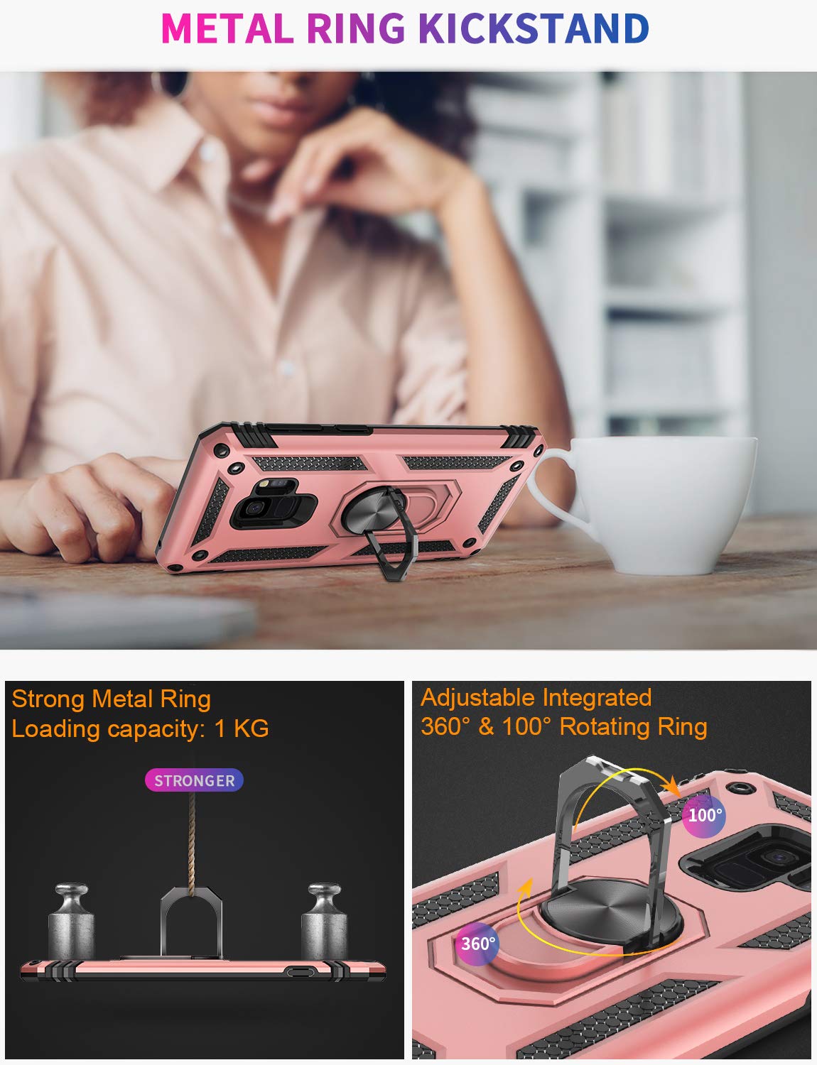 LUMARKE Galaxy S9 Case with Magnetic Ring Kickstand - 16ft Drop Tested, Military Grade Protection, Rose Gold - Compatible with Car Mount Holder for Secure Hands-Free Use While Driving