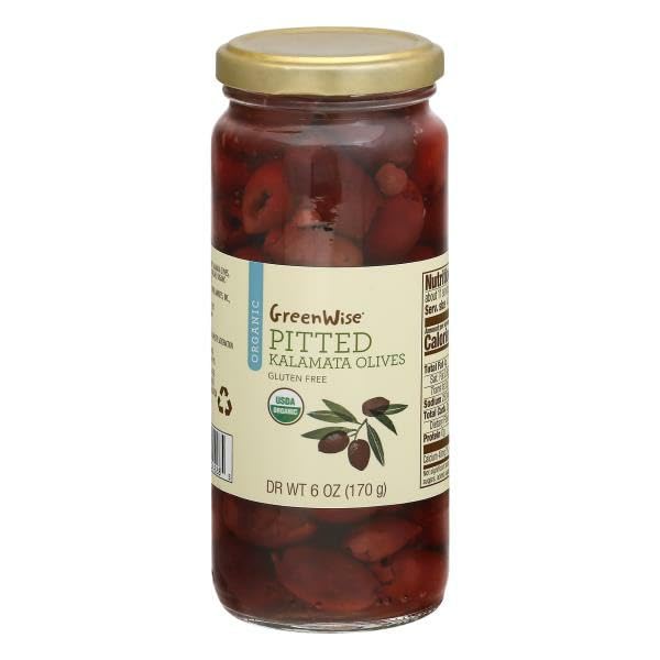Organic Pitted Kalamata Olives by Green-Wise | Gluten-Free, Non-GMO | 6 oz (170g) | Perfect for Salads, Charcuterie Boards & Mediterranean Recipes
