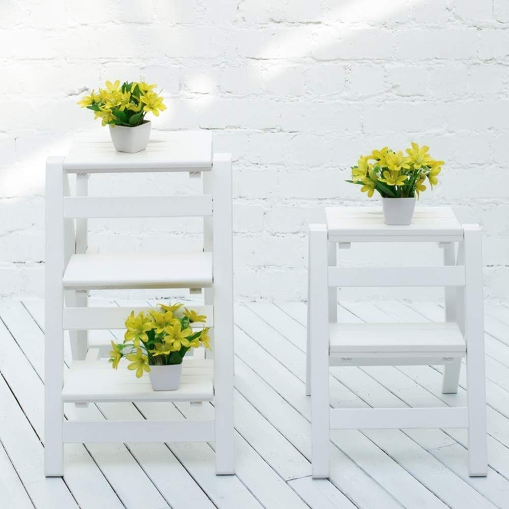 KAZUP Foldable Wooden Step Stool for Indoor Use - Solid Wood Ladder Chair with 3 Steps, Multi-Functional Flower Stand Support - Perfect for Kitchen, Bathroom, and Home Organization