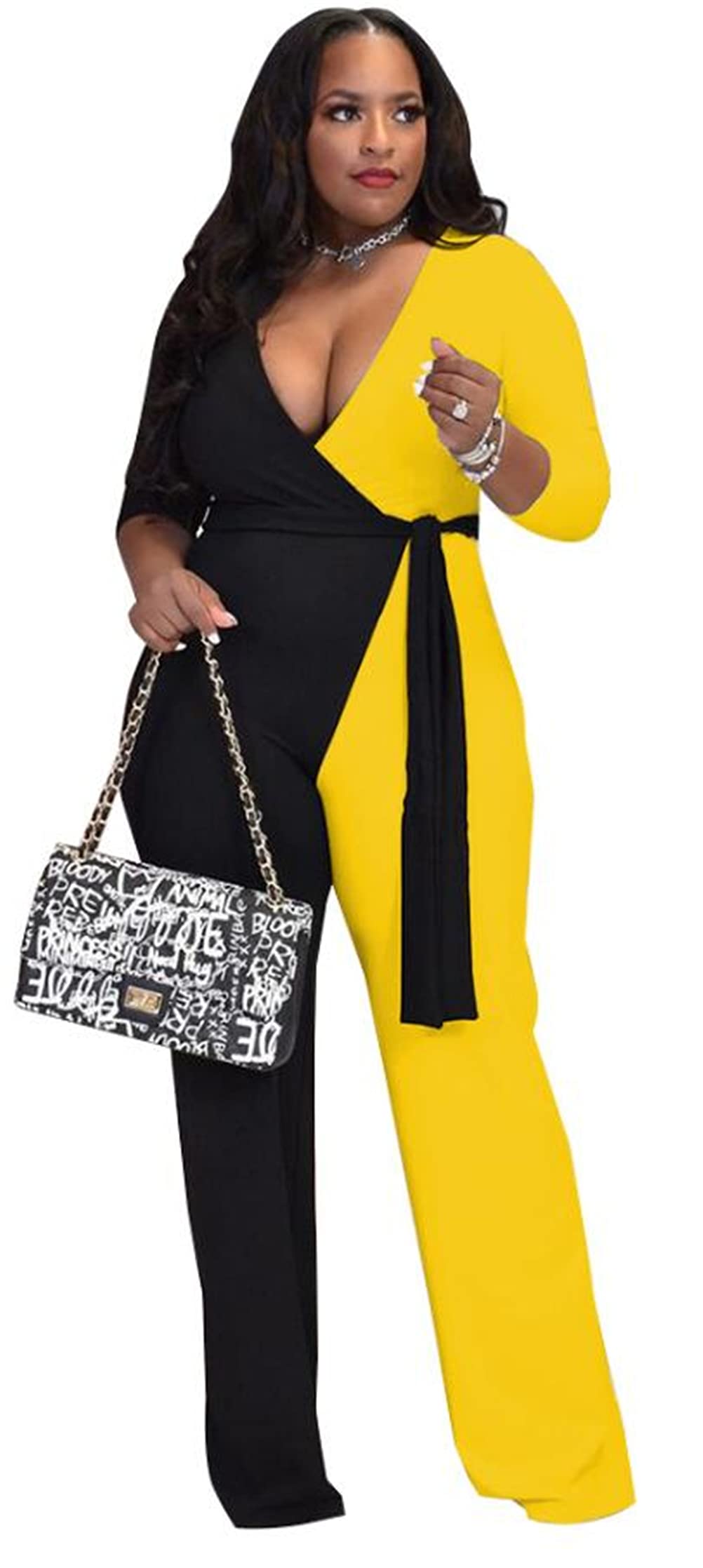 Women's Sexy V-Neck Long Sleeve Patchwork Color Block Belted Jumpsuit | Clubwear, Night Out, Party Romper | Perfect for Nightclubs, Dates & Special Occasions