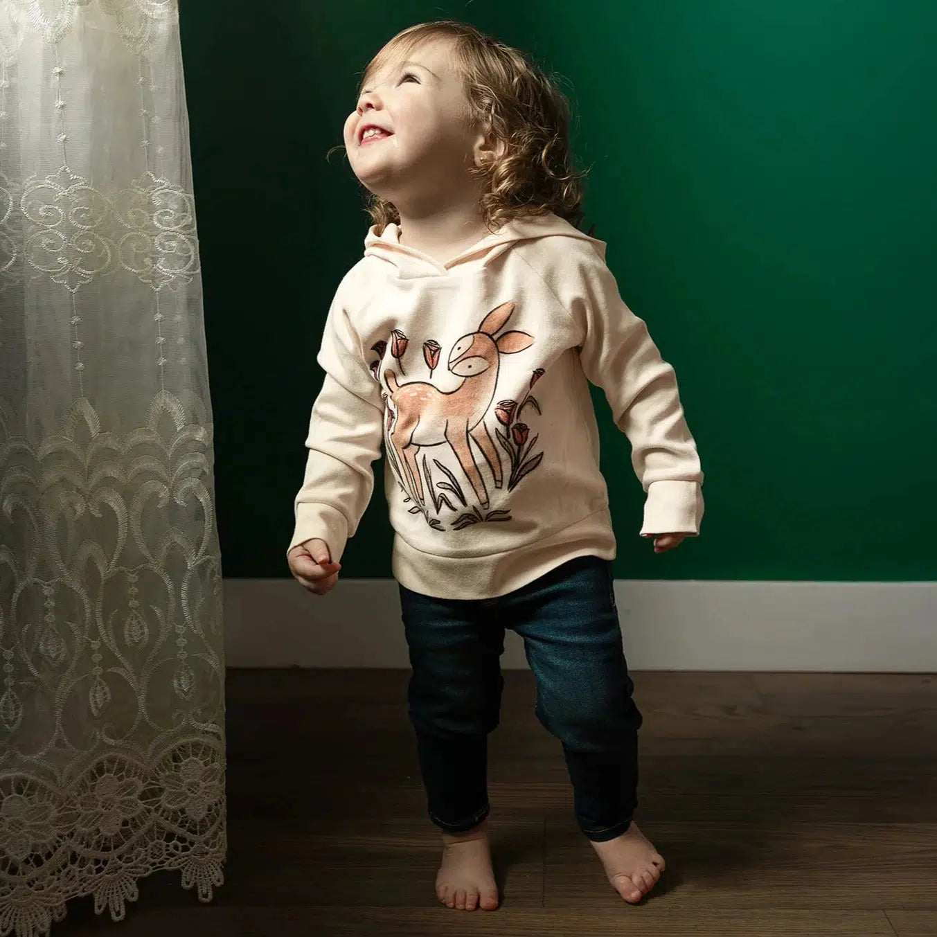 Lovedbaby Organic Raglan Graphic Hoodie - Doe a Deer Print - Soft Cotton Kids Pullover Sweatshirt | Perfect for Playdates, School & Family Outings