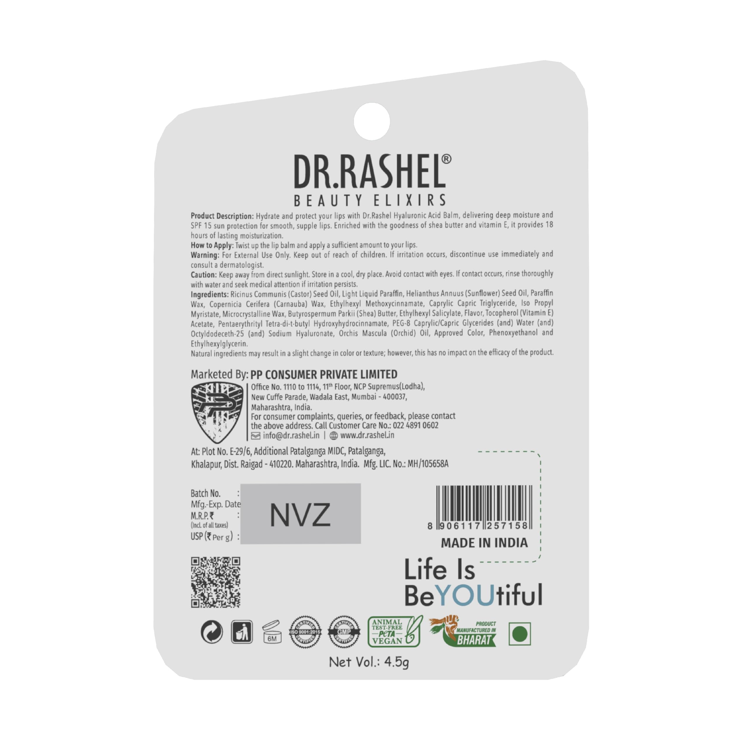 Dr. Rashel Hyaluronic Acid Lip Balm - 4.5g Tinted Lip Moisturizer with Vitamin E & Natural Oils for Dry, Chapped Lips | Intense Hydration, UV Protection | Perfect for Daily Use, Winter Care & Makeup Base