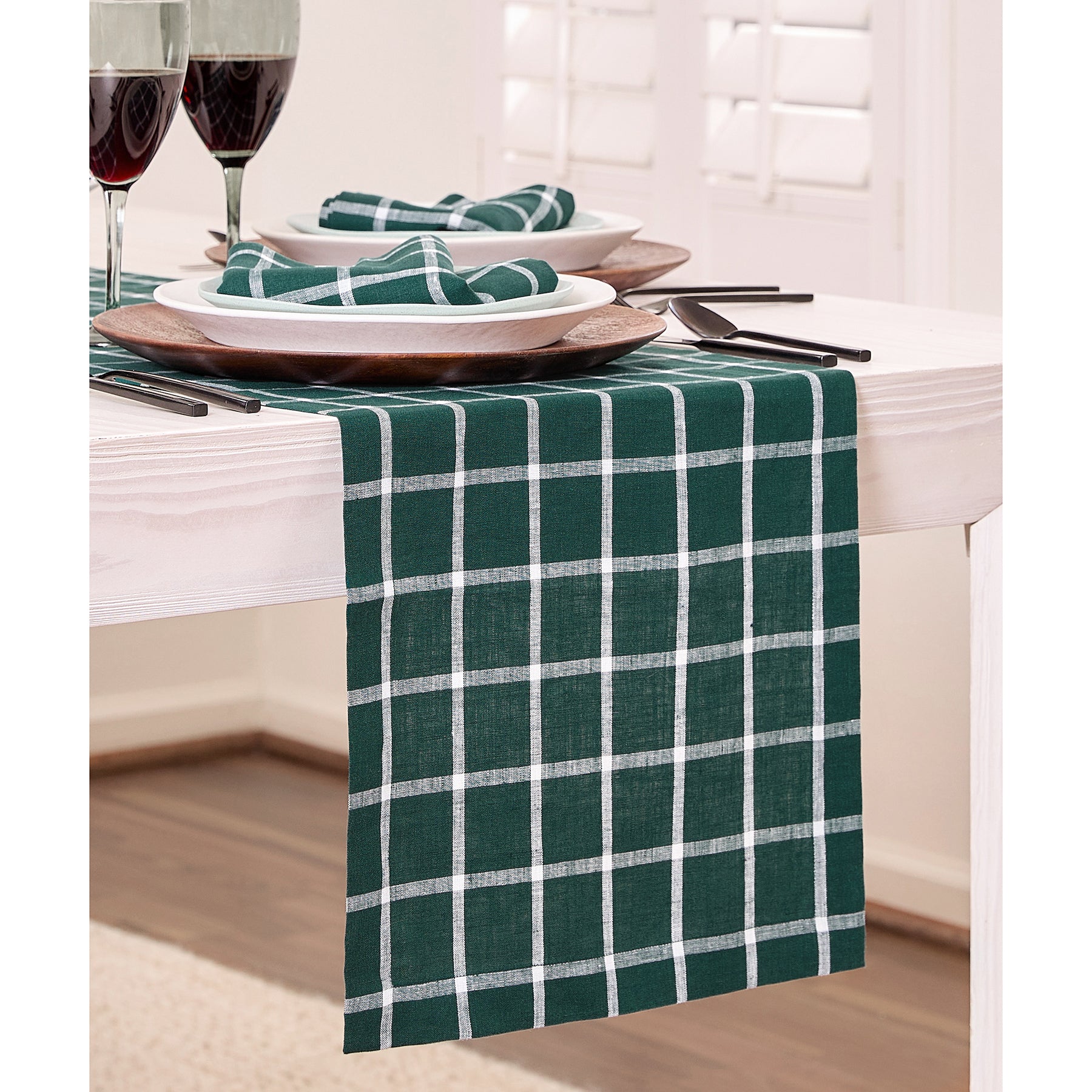 Elegant Windowpane Table Runner - White Linen Rectangular Dining Table Decor for Wedding, Christmas & Holiday Parties - Perfect for Farmhouse, Rustic & Modern Home Decor
