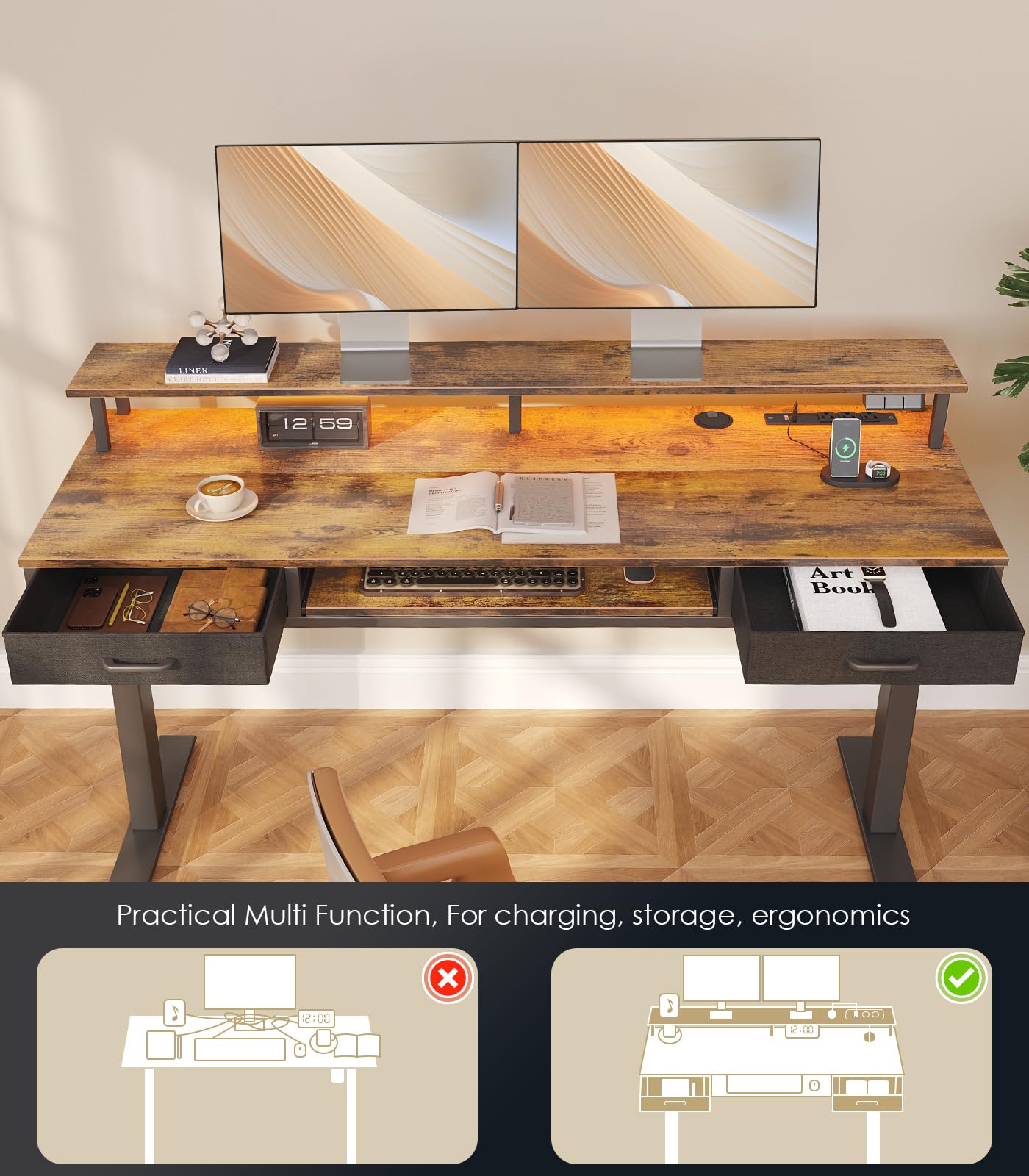 Height Adjustable Electric Standing Desk with Drawers & Keyboard Tray - 63