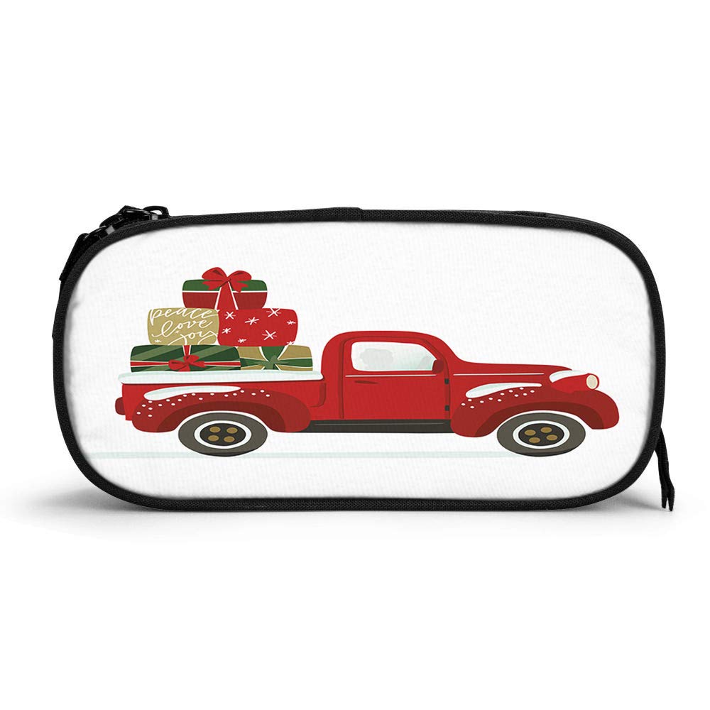 Vintage Red Truck High Capacity Pen Case - Retro Car Design Durable Pencil Bag with Zipper for School, Office & Gifts | Christmas Holiday Joy Peace Stationery Pouch for Girls, Boys & Students | Perfect for School Supplies, Office Organization & Holiday Gifting