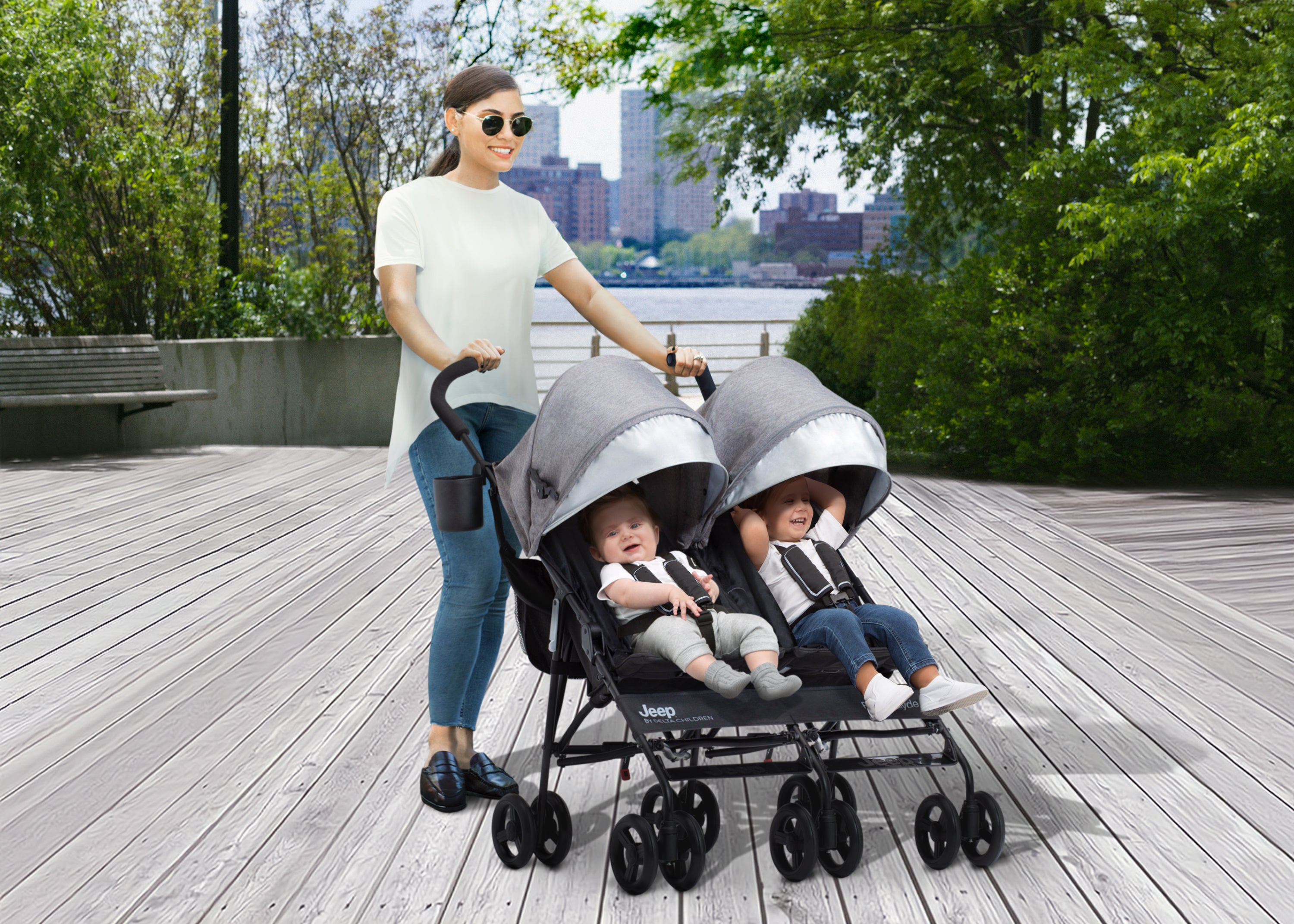PowerGlyde Side by Side Double Stroller - Lightweight Compact Tandem Baby Stroller for Twins & Siblings - Perfect for Shopping, Travel & Outdoor Adventures