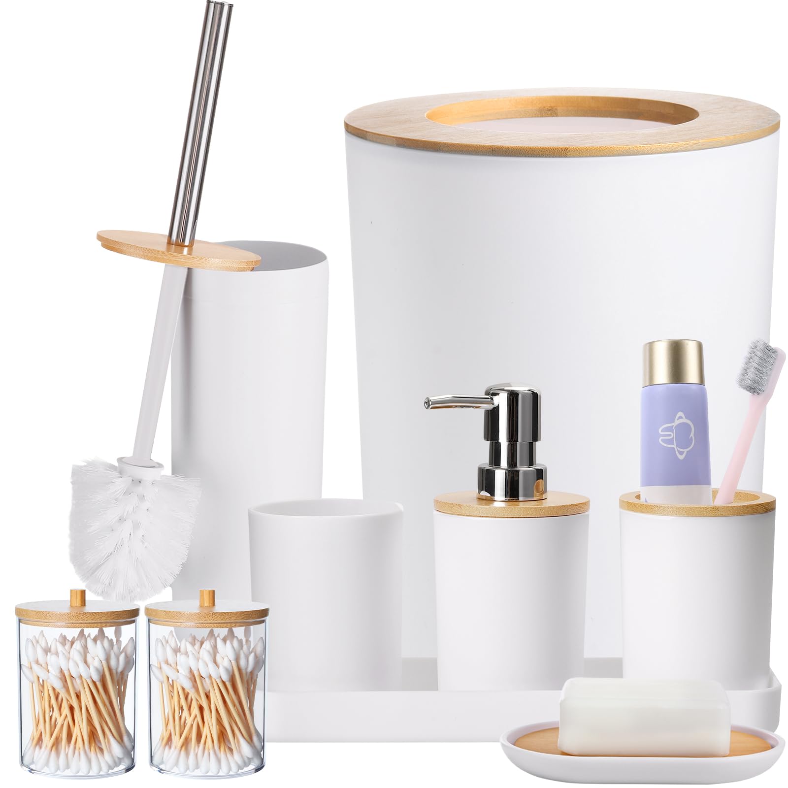 SLDIYWOW 9-Piece White Bathroom Accessories Set - Includes Trash Can, Vanity Tray, Soap Dispenser, Soap Dish, Toothbrush Holder, Cup, Toilet Brush & Q-Tip Holders | Modern Bathroom Organization for Home & Guest Bathrooms