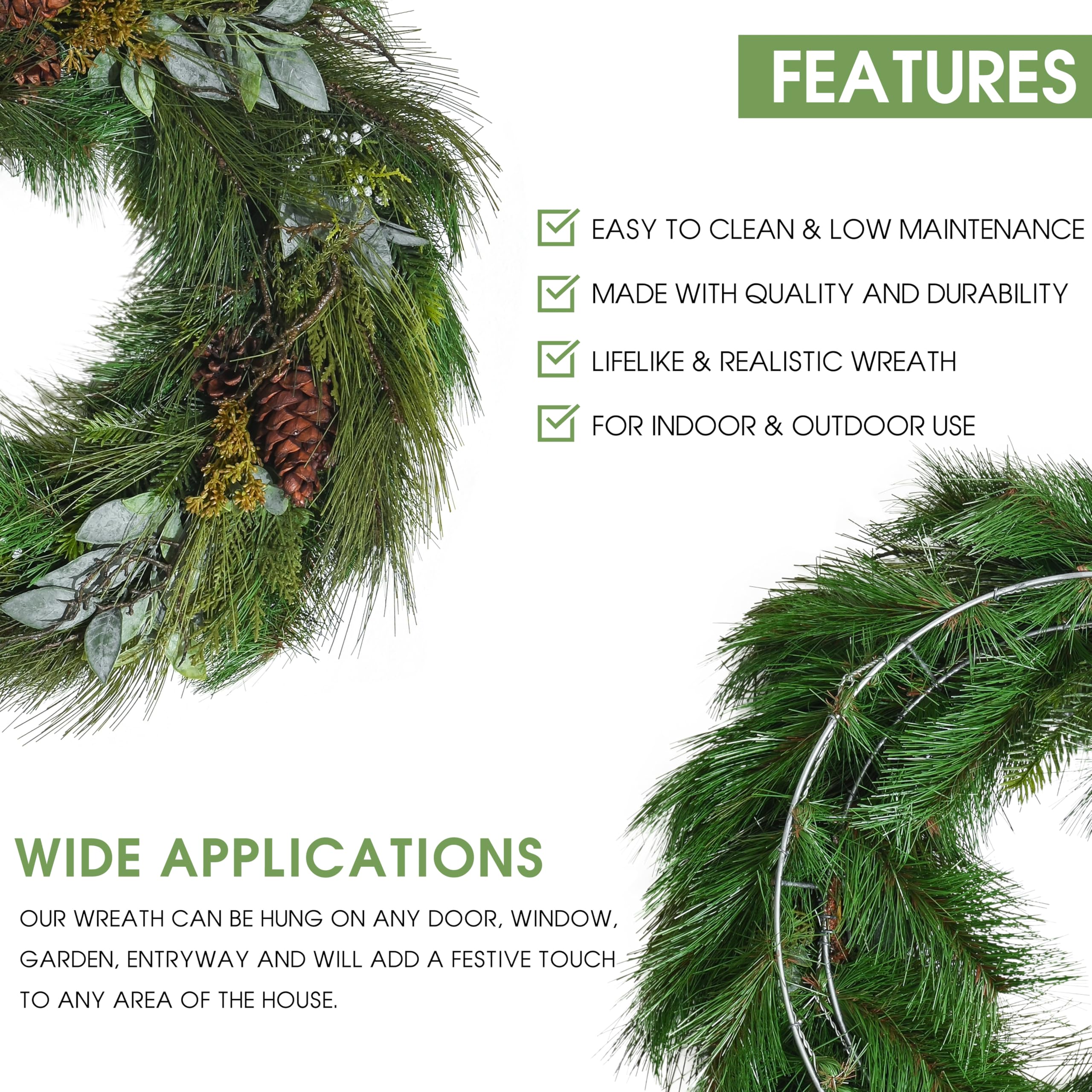 30-Inch Deluxe Full Sugar Pine and Greens Wreath with Pinecones - Perfect for Christmas Door Decor, Holiday Home Decoration & Festive Seasonal Gifts