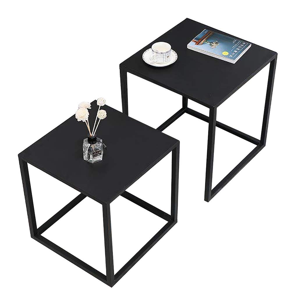 Industrial Wrought Iron Coffee Table Set - 2-Piece Square Side Table for Living Room, Bedroom & Office - Black End Table for Sofa, Corner or Workspace - Modern Rustic Home Decor Furniture