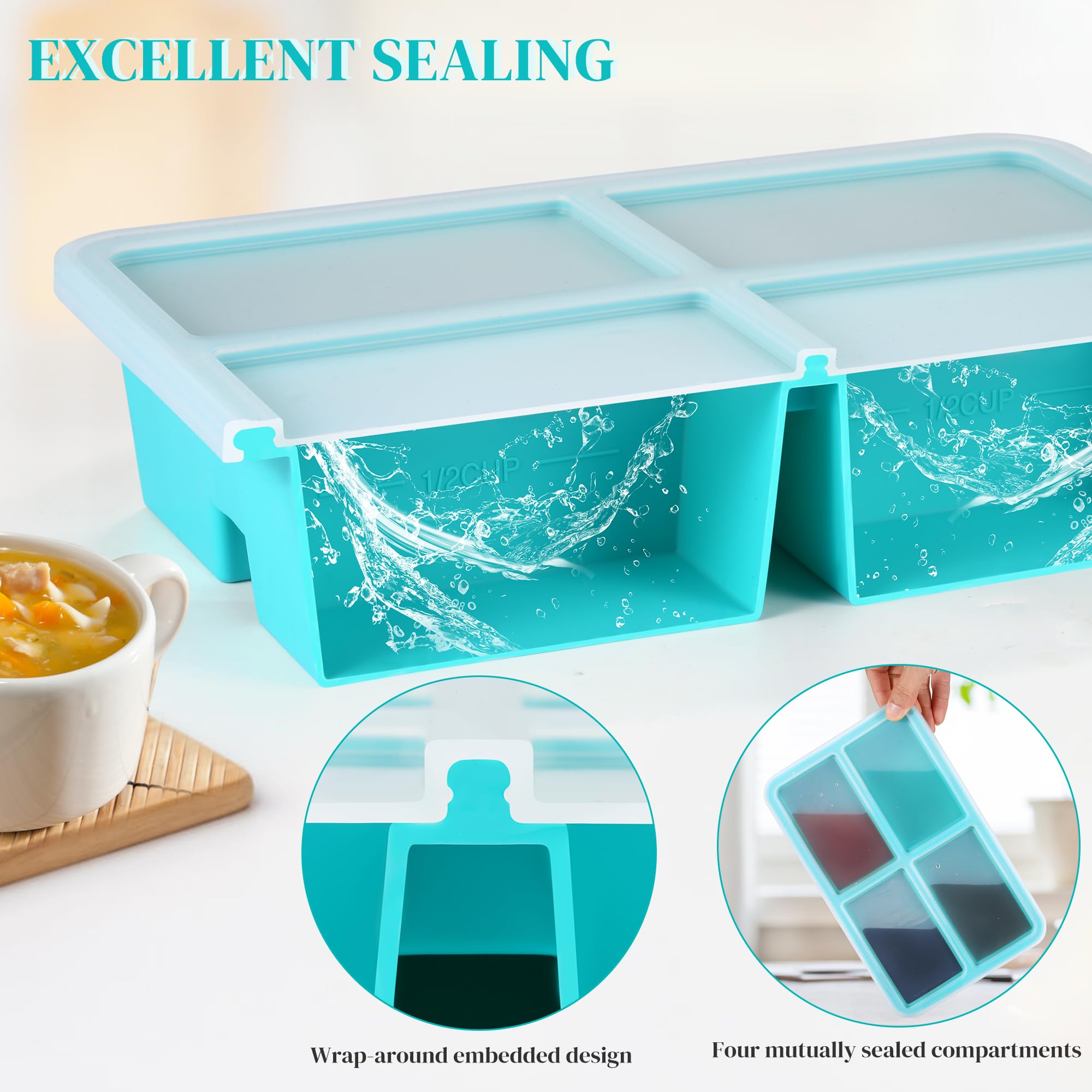 Silicone Freezer Trays with Lid - 1 Cup BPA-Free Soup Freezer Molds for Soup, Sauce, Broth & Leftovers - Reusable Silicone Ice Cube Trays (2 Pack) - Perfect for Meal Prep, Baby Food Storage & Kitchen Organization