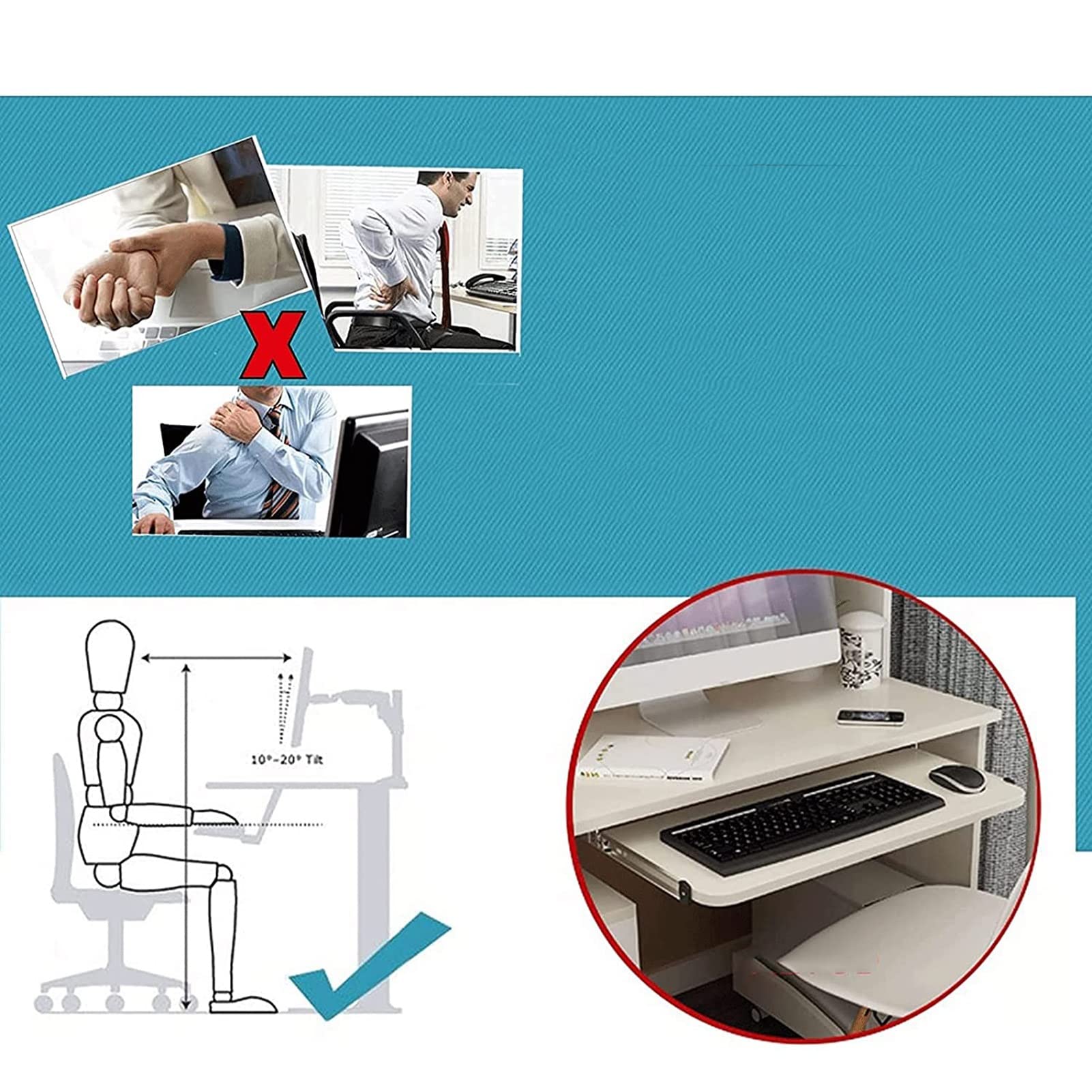 Ergonomic Under Desk Keyboard Tray - Wooden Sliding Keyboard Drawer for Computer Desk, Space-Saving Mouse & Keyboard Storage Shelf - Easy Installation for Home Office & Gaming Setup