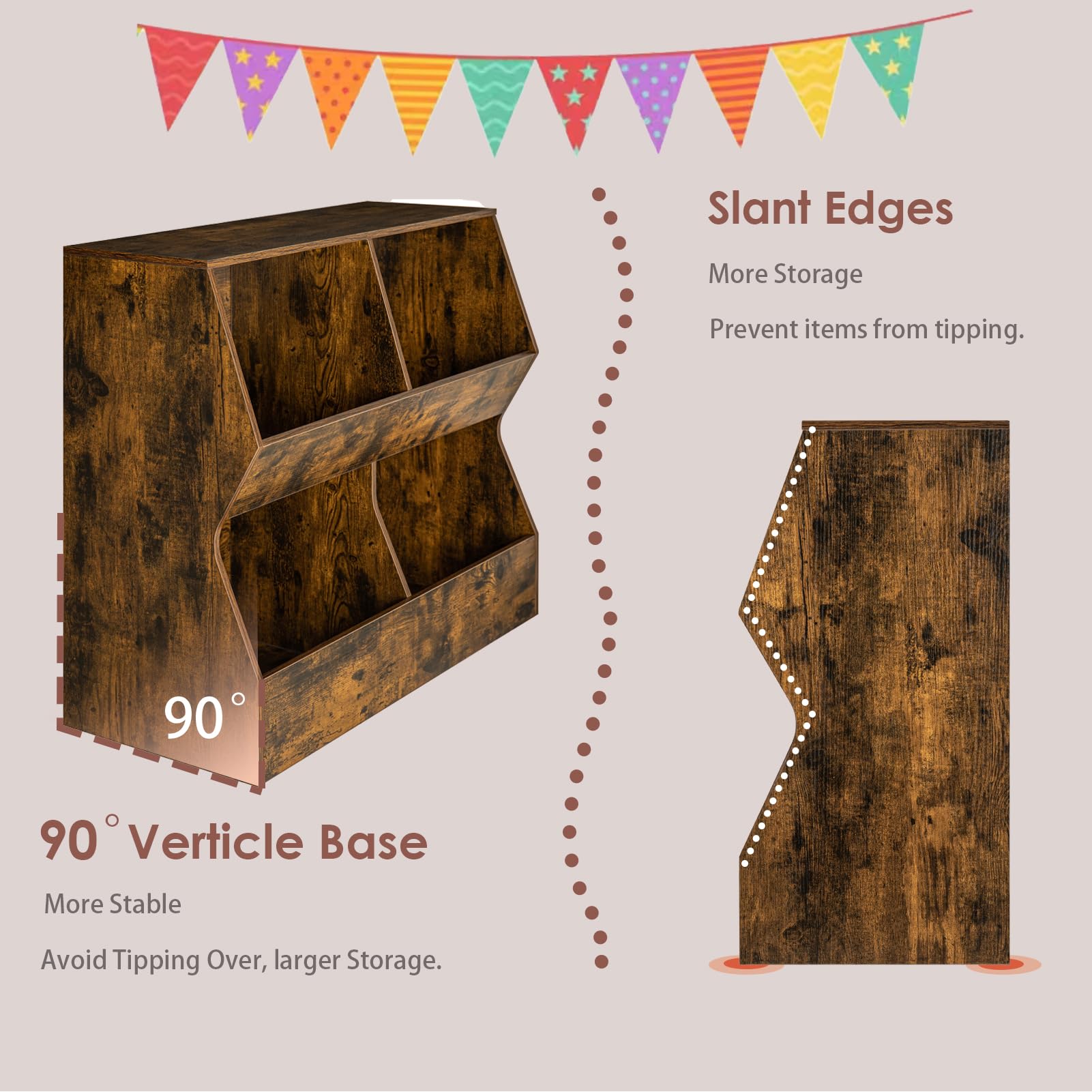DINZI LVJ Wooden Kids Bookshelf & Toy Storage Organizer - 4 Cubby Children's Bookcase with Toy Storage Cabinet - Rustic Brown 35.4