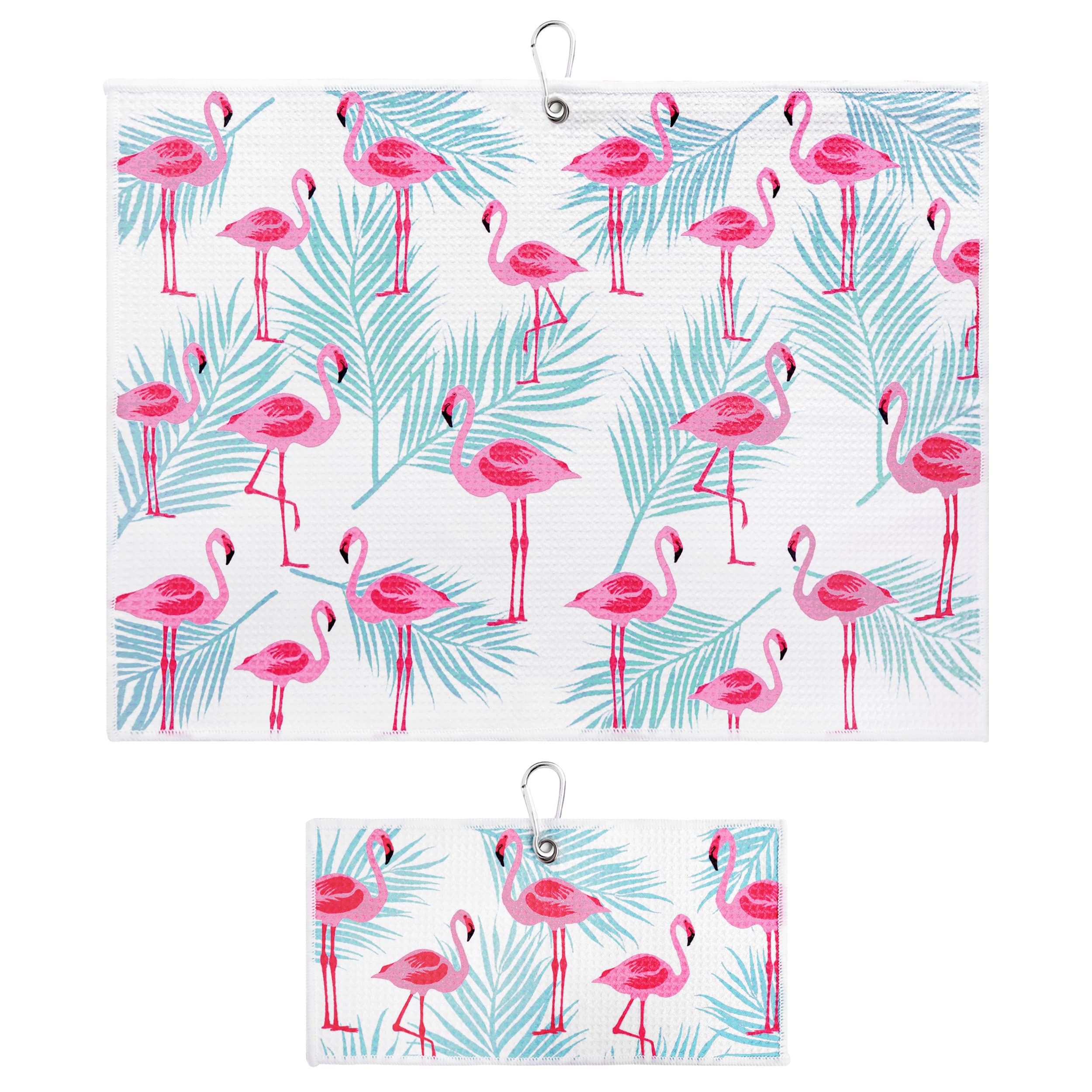 Premium Golf Towel Set of 2 - Microfiber Waffle & Ball Towels for Golf Bags - Best Golf Accessories for Men & Women - Ideal Golf Gift for Players - Flamingo Palm Leaf Design - Perfect for Course Play, Practice & Club Cleaning