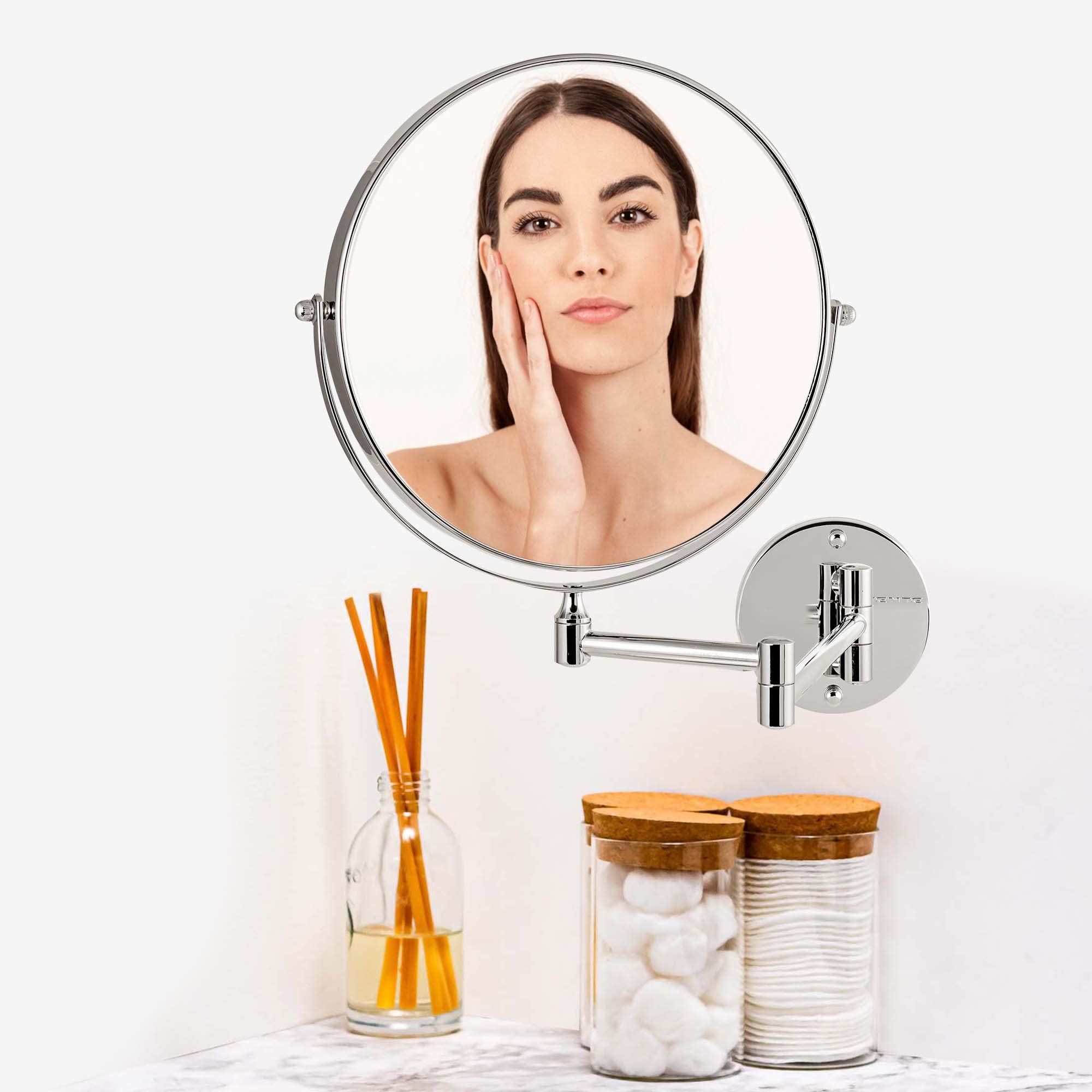 OVENTE 9 Inch Wall Mounted Makeup Mirror with 1X & 7X Magnification - Double Sided Round Bathroom Vanity Mirror, 360° Swivel Design, Extendable Folding Arm, Polished Chrome Finish - Perfect for Makeup Application, Shaving & Skincare Routine (MNLFW90CH1X7X)