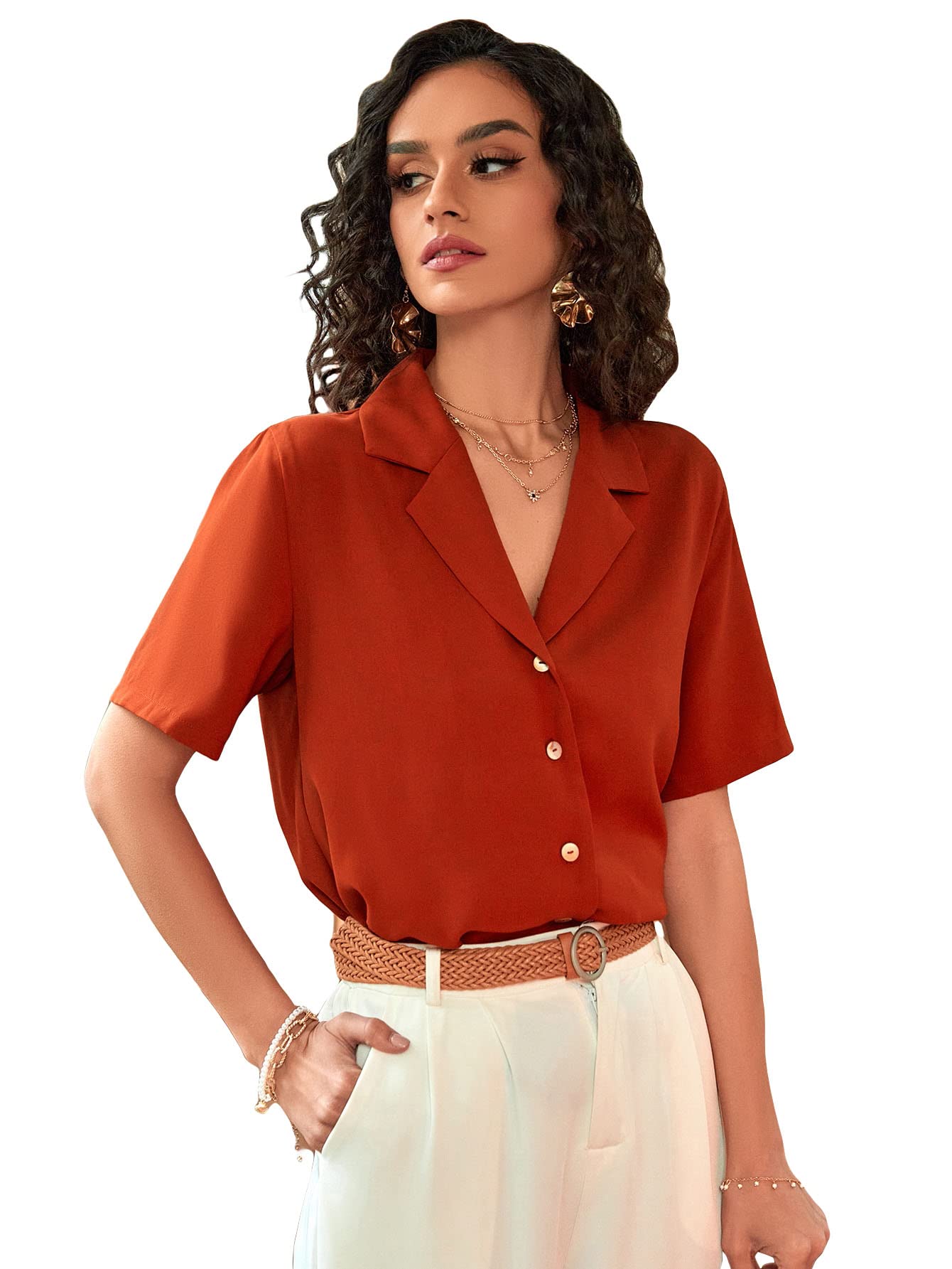 Romwe Women's Short Sleeve Lapel Button Down Shirt - Office Blouse & Work Tops for Business Casual & Professional Wear