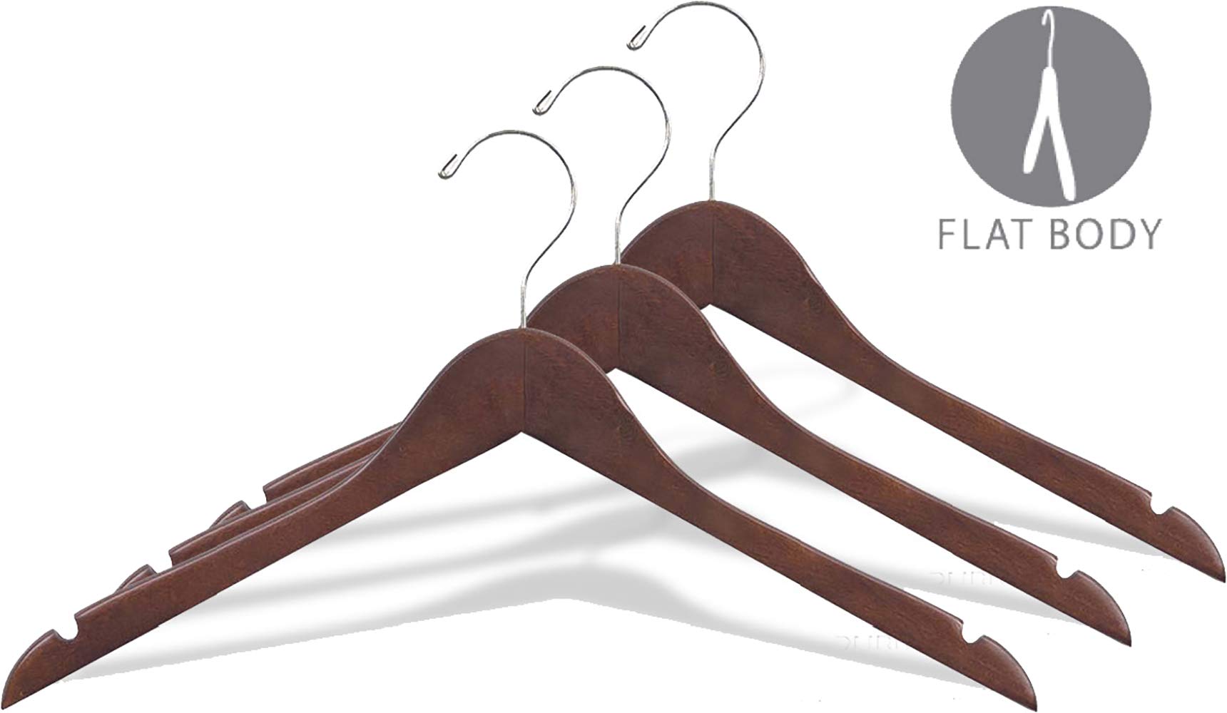 Premium Rubberized Wooden Clothes Hangers with Walnut Finish - Space Saving Flat Design, Chrome Swivel Hook & Notches (Set of 50) by The Great American Hanger Company - Perfect for Closet Organization, Retail Stores & Luxury Garment Display