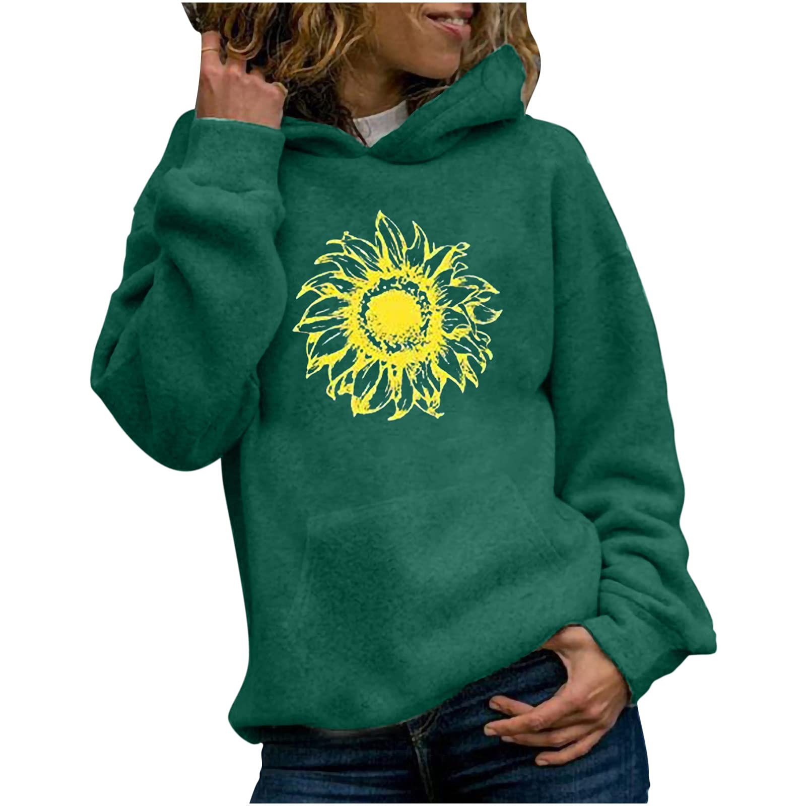 Women's Casual Hooded Sweatshirt with Sunflower Graphic Print and Pockets - Soft Pullover Jumper for Everyday Wear, Lounge, and Outdoor Activities