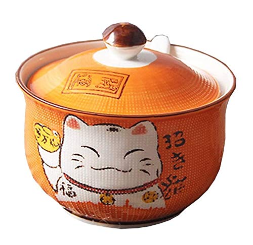 Japanese Maneki Neko Lucky Cat Ceramic Sugar Salt Pepper Storage Jar with Lid and Spoon - Cute Kitchen Seasoning Container for Home, Restaurant & Office Use