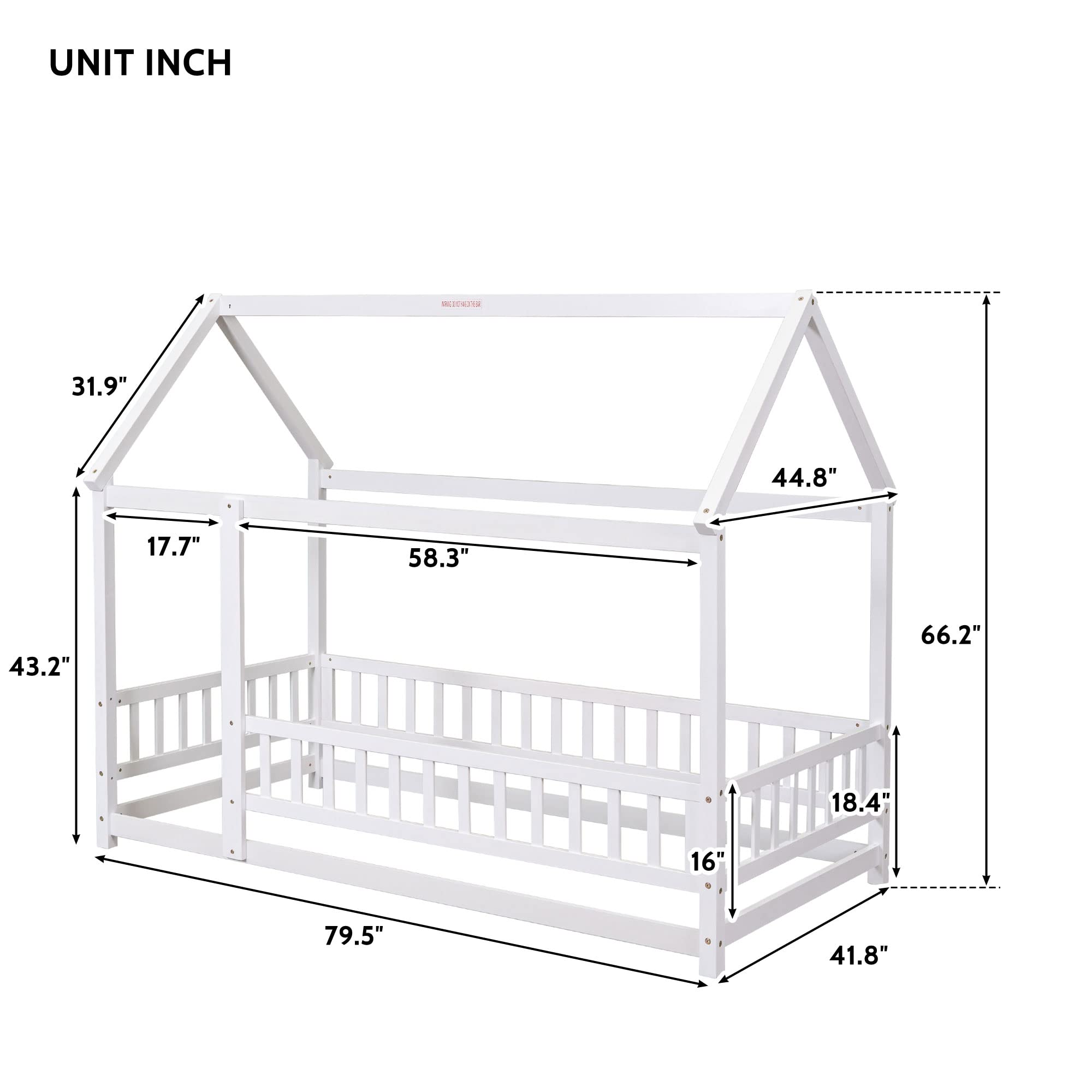 Montessori Twin Floor Bed Frame with Safety Fence - Solid Wood House Bed for Kids & Toddlers - White Nursery Furniture for Boys & Girls Bedroom - Perfect for Montessori Education & Safe Sleep Space