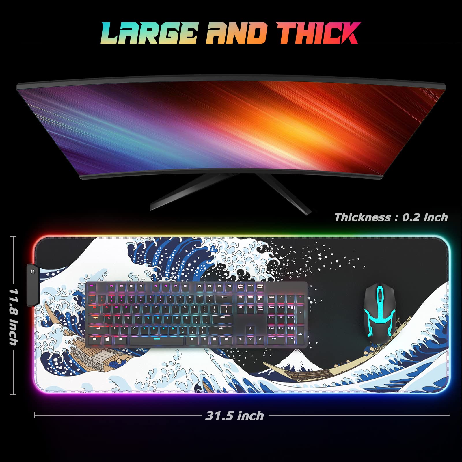RGB Gaming Mouse Pad - Full Desk XL Extended Large LED Mousepad with 12 Lighting Modes | 30% Thicker Japanese Waves Design | 32 x 12 inches | Perfect for PC Gaming, Office Work & Home Computer Setup