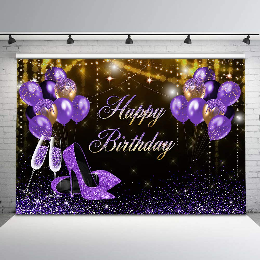 Gold & Purple Glitter Birthday Backdrop - 10x8ft Vinyl Photo Background for Women's 30th 40th 50th 60th Birthday Party Decor with Champagne Glasses & Balloons - Perfect for Milestone Celebrations, Photo Booths & Instagram-Worthy Party Scenes
