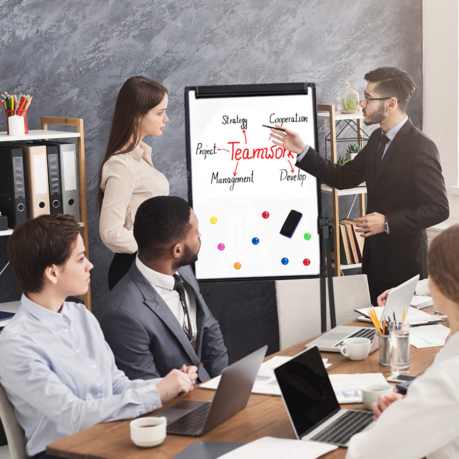 Double Sided Magnetic Whiteboard with Stand - 40x28 Inches Adjustable Height & 360° Rotating Portable Dry Erase Board for Office, Classroom & Home Use - Perfect for Presentations, Teaching & Kids Learning Activities