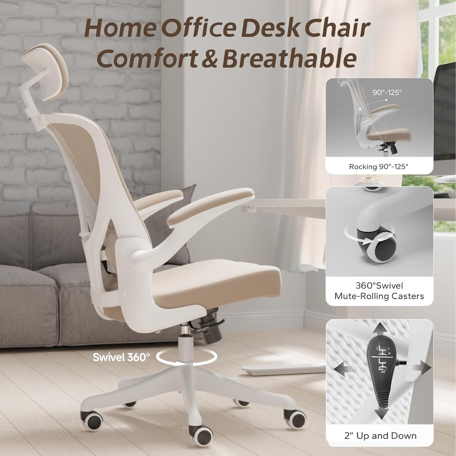 Ergonomic Office Chair with Lumbar Support & Thickened Cushion - Adjustable Headrest & Flip-Up Armrests - Rolling Desk Chair for Home & Office - Perfect for Long Work Hours & Gaming Sessions (Khaki)