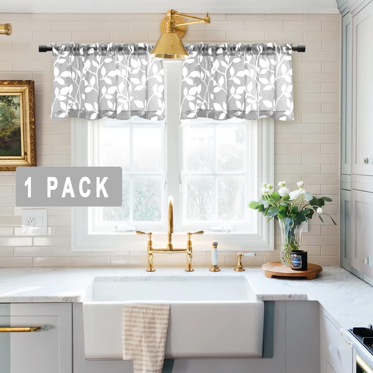 XTMYI 18 Inch Sheer Kitchen Curtain Valances Set - Tropical Leaf Design Rod Pocket Window Toppers for Living Room, Bedroom, Bathroom (Light Gray/White, Valance Only, 1 Pack) - Perfect for Small Windows & Coastal Decor
