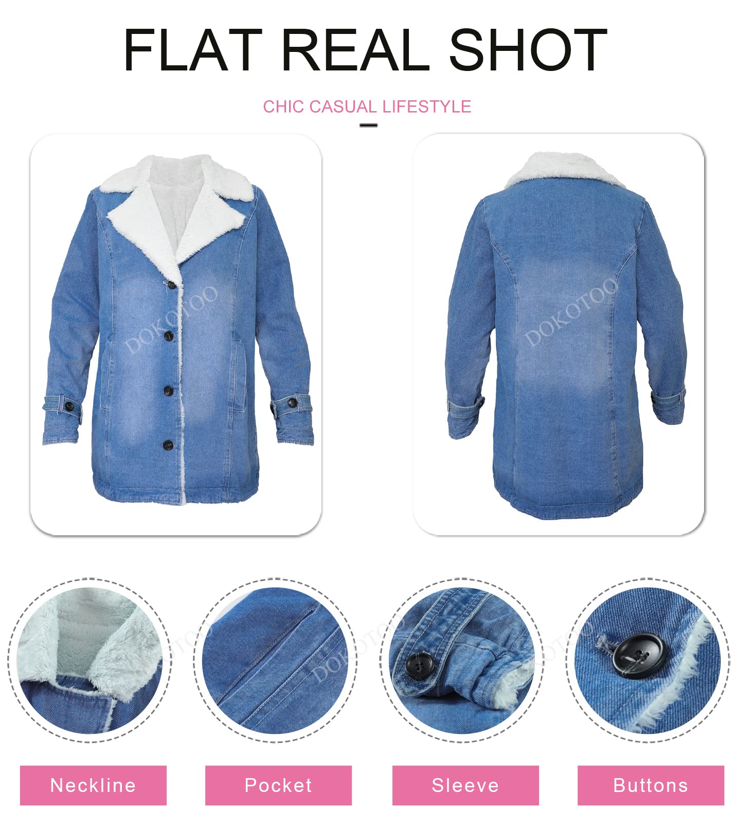 Dokotoo Women's Winter Warm Sherpa Lined Denim Jacket with Stand Collar & Pockets - Thick Wool Liner Cozy Outerwear for Cold Weather, Casual Outfits & Street Style Fashion