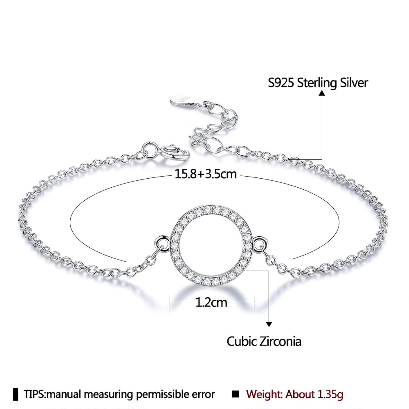 925 Sterling Silver Bracelet for Women | Shiny Cubic Zirconia Circle Charm Chain Link Jewelry | Perfect for Parties, Weddings & Everyday Wear