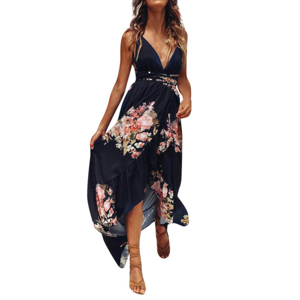Women's Casual Summer Dress - Sleeveless Boho Spaghetti Strap Maxi Dress with Elegant Print, Backless Design & Side Slit | Perfect for Beach Vacations, Pool Parties & Summer Outings