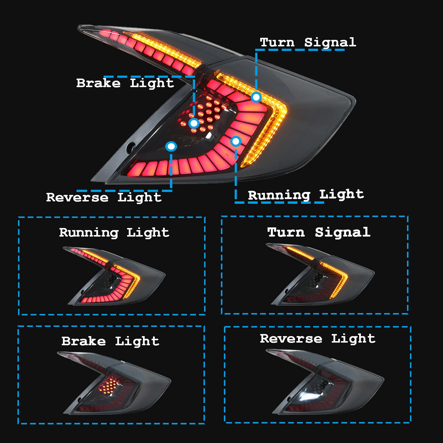 Inginuity Time LED Tail Lights for Honda Civic 10th Gen (2016-2021) - DRL Startup Animation Rear Lamp Assembly - Not Compatible with Hatchback Models | Upgrade Your Ride for Enhanced Night Visibility & Style