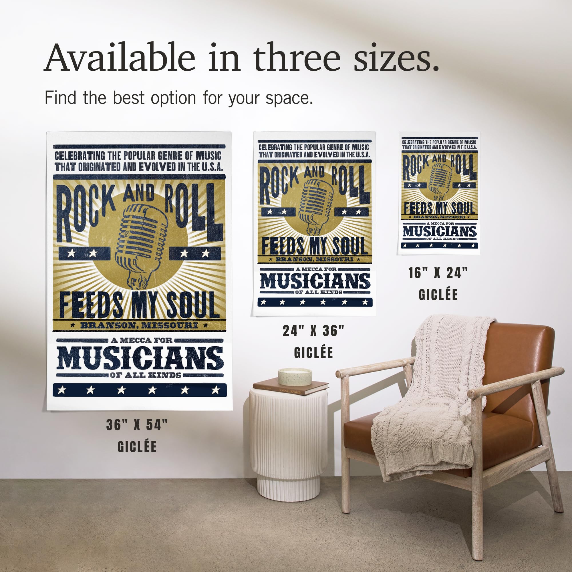 Lantern Press 16x24 Inch Giclee Art Print - Branson Missouri Microphone Blue & Gold Screenprint Wall Decor for Living Room, Bedroom or Office