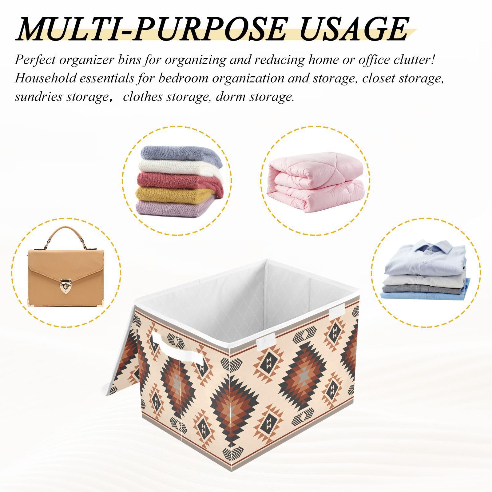 Aztec Style Foldable Fabric Storage Bins with Lids - Brown Ethnic Collapsible Organizer Baskets for Home, Bedroom, Closet & Office Organization | Perfect for Clutter Control & Space Saving Storage