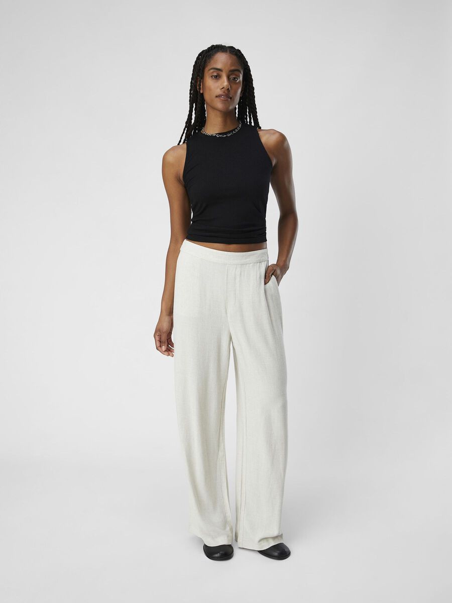 Janne Linen Blend Wide Leg Pants for Women - Comfortable High Waist Palazzo Trousers in Sandshell Beige - Perfect for Office, Travel and Summer Outfits